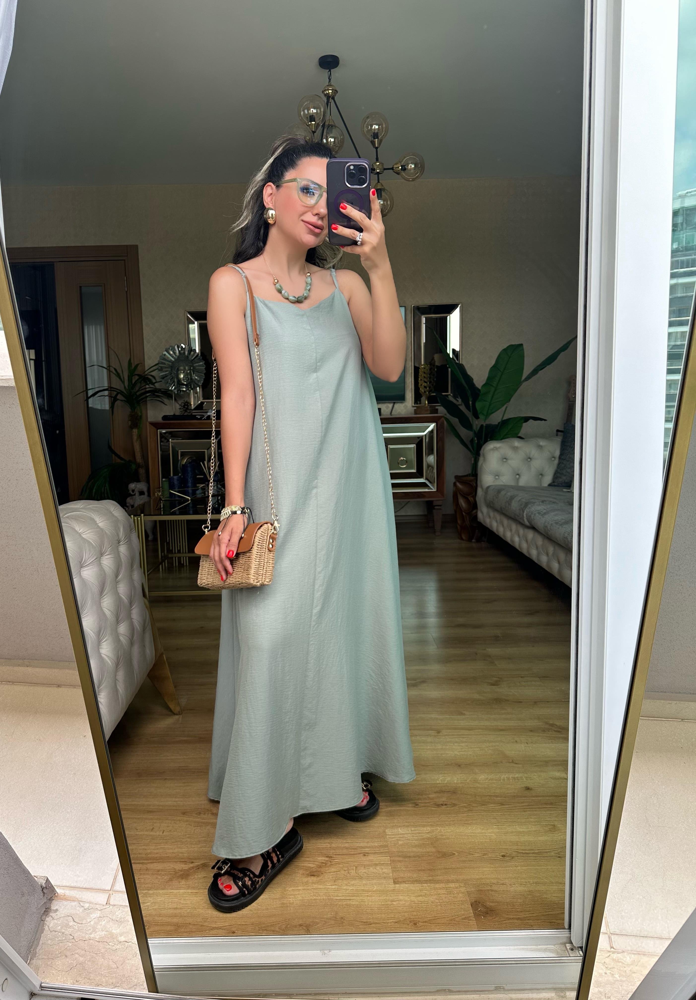 Yeşil İp Askılı Elbise
