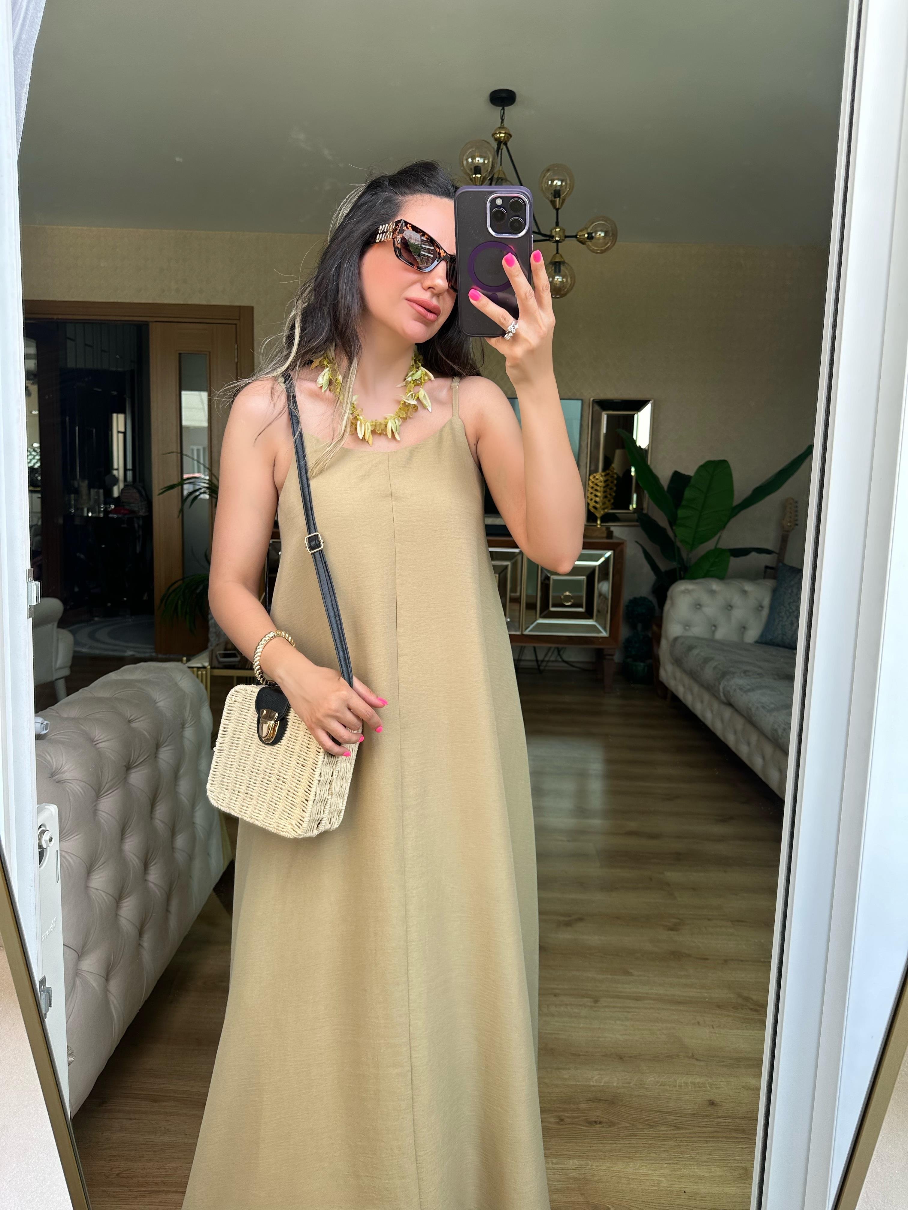 Yeşil İp Askılı Elbise