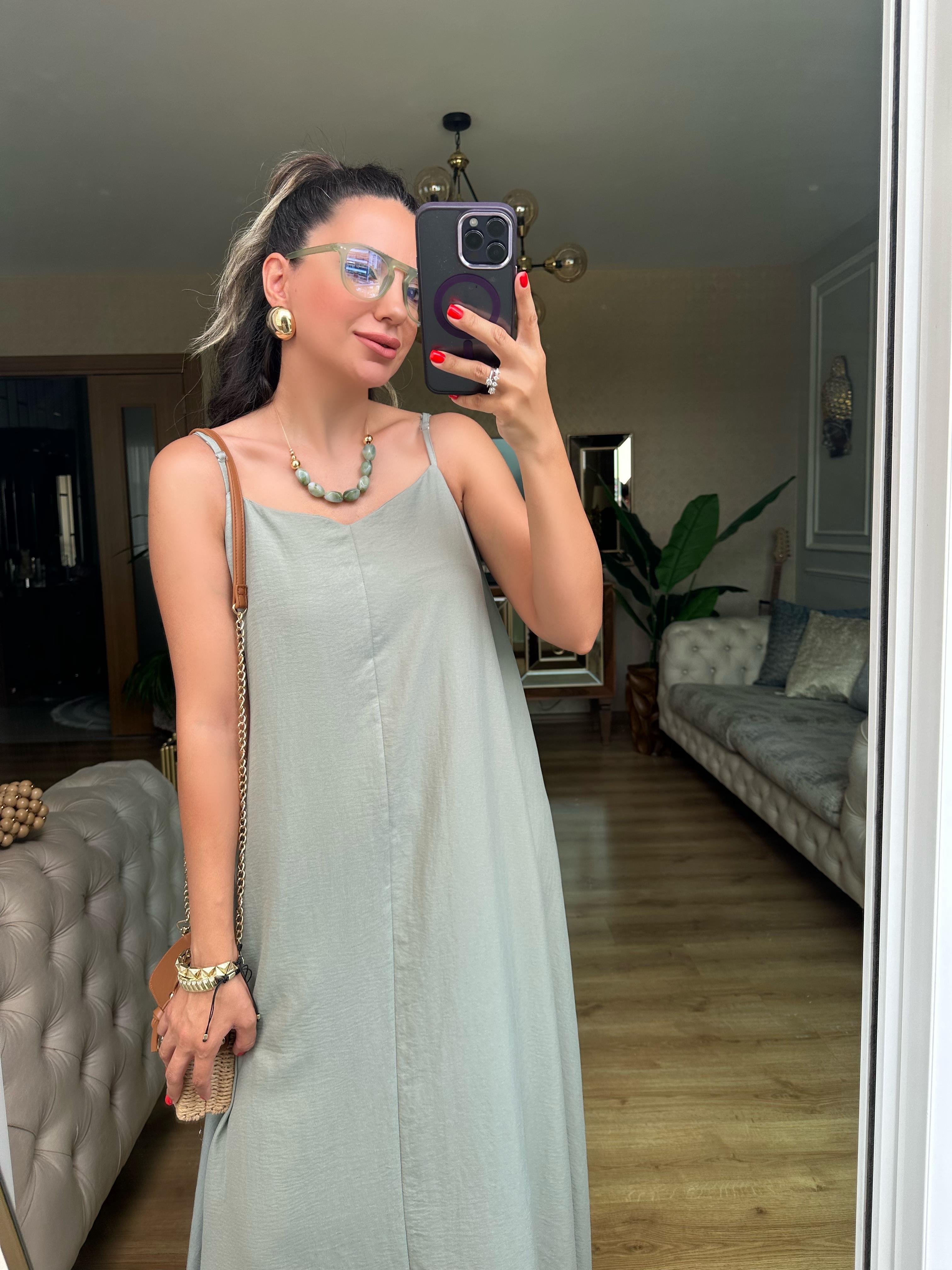 Yeşil İp Askılı Elbise