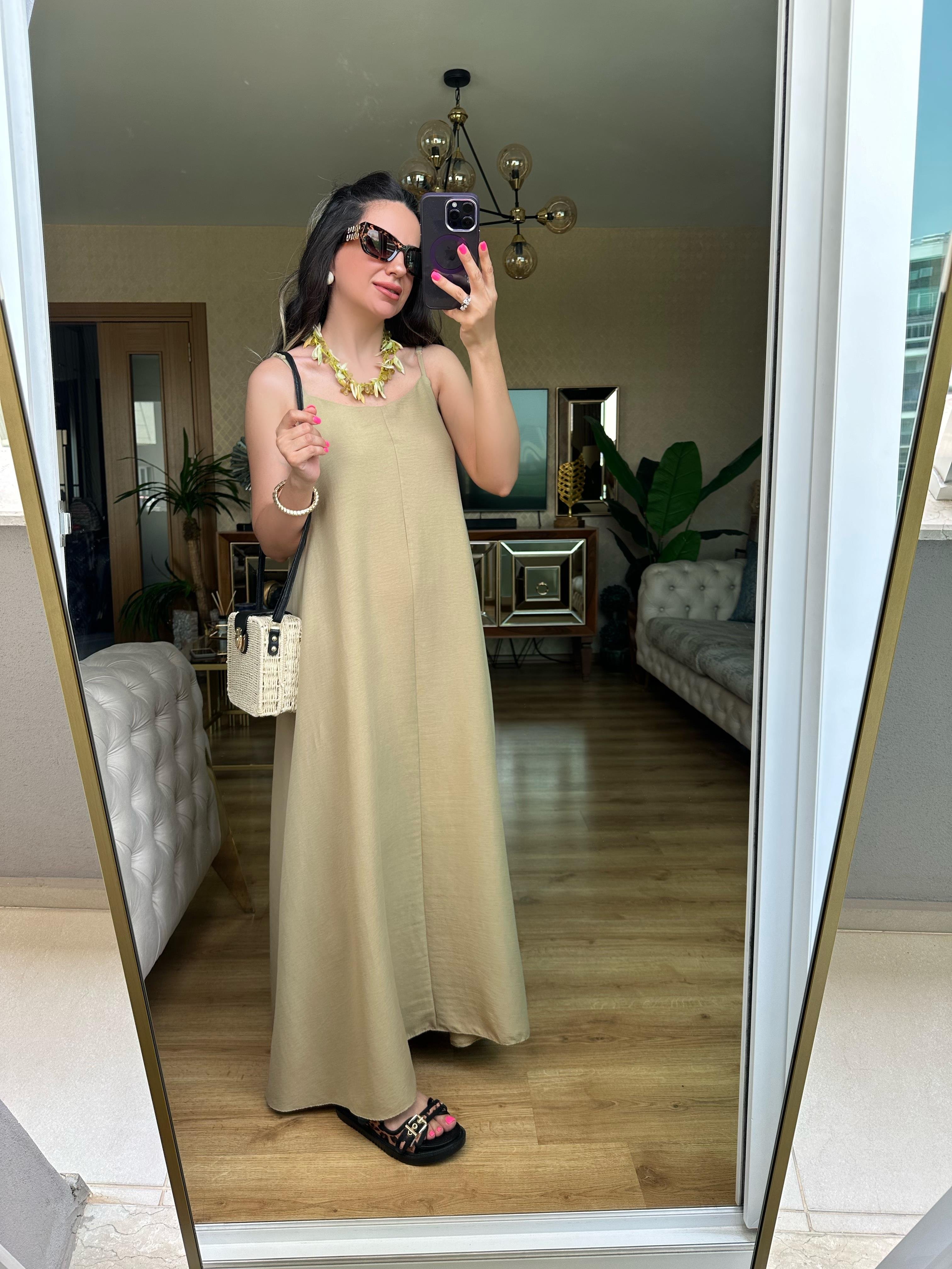 Yeşil İp Askılı Elbise