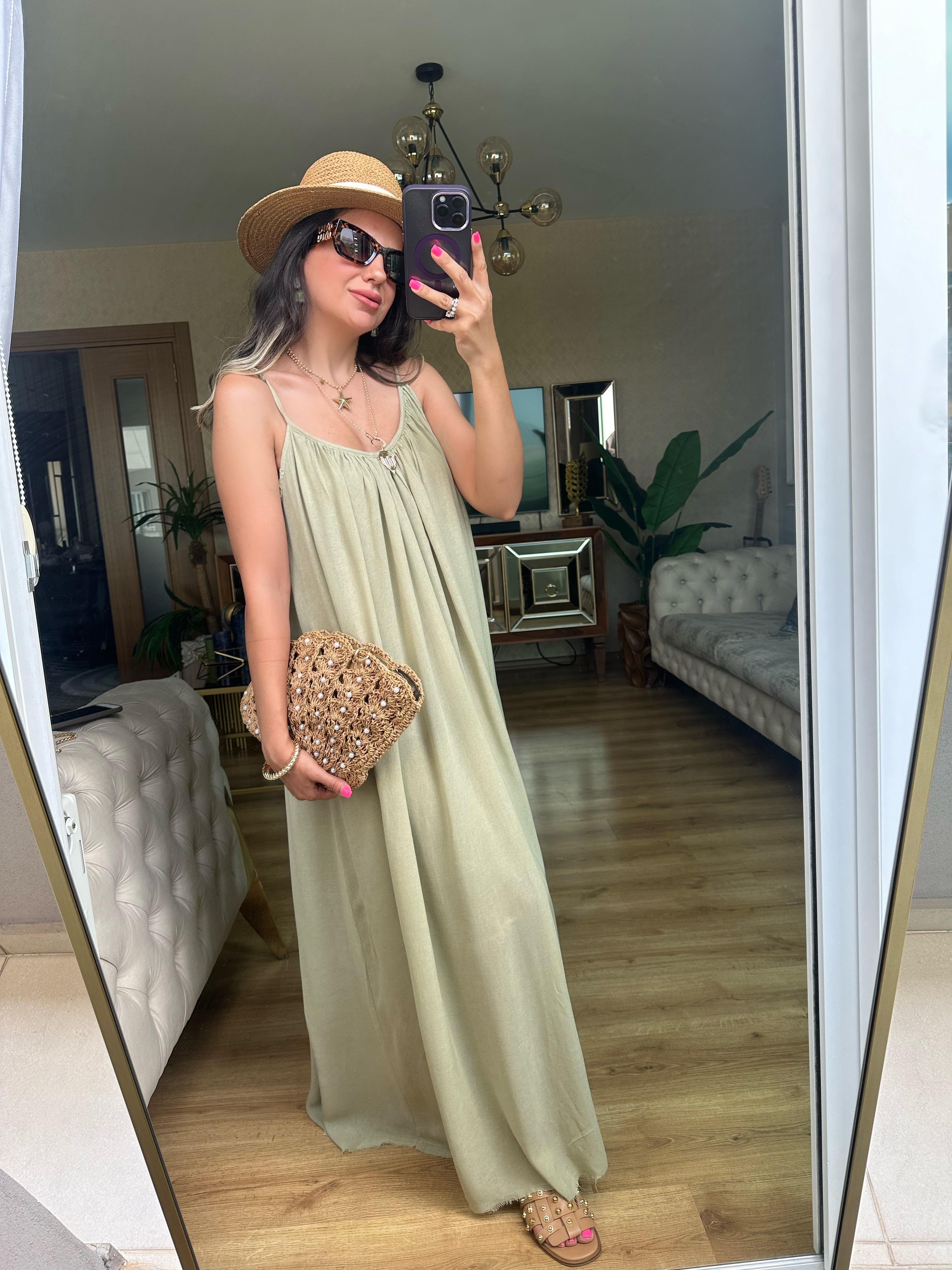 Yeşil İp Askılı Salaş Elbise