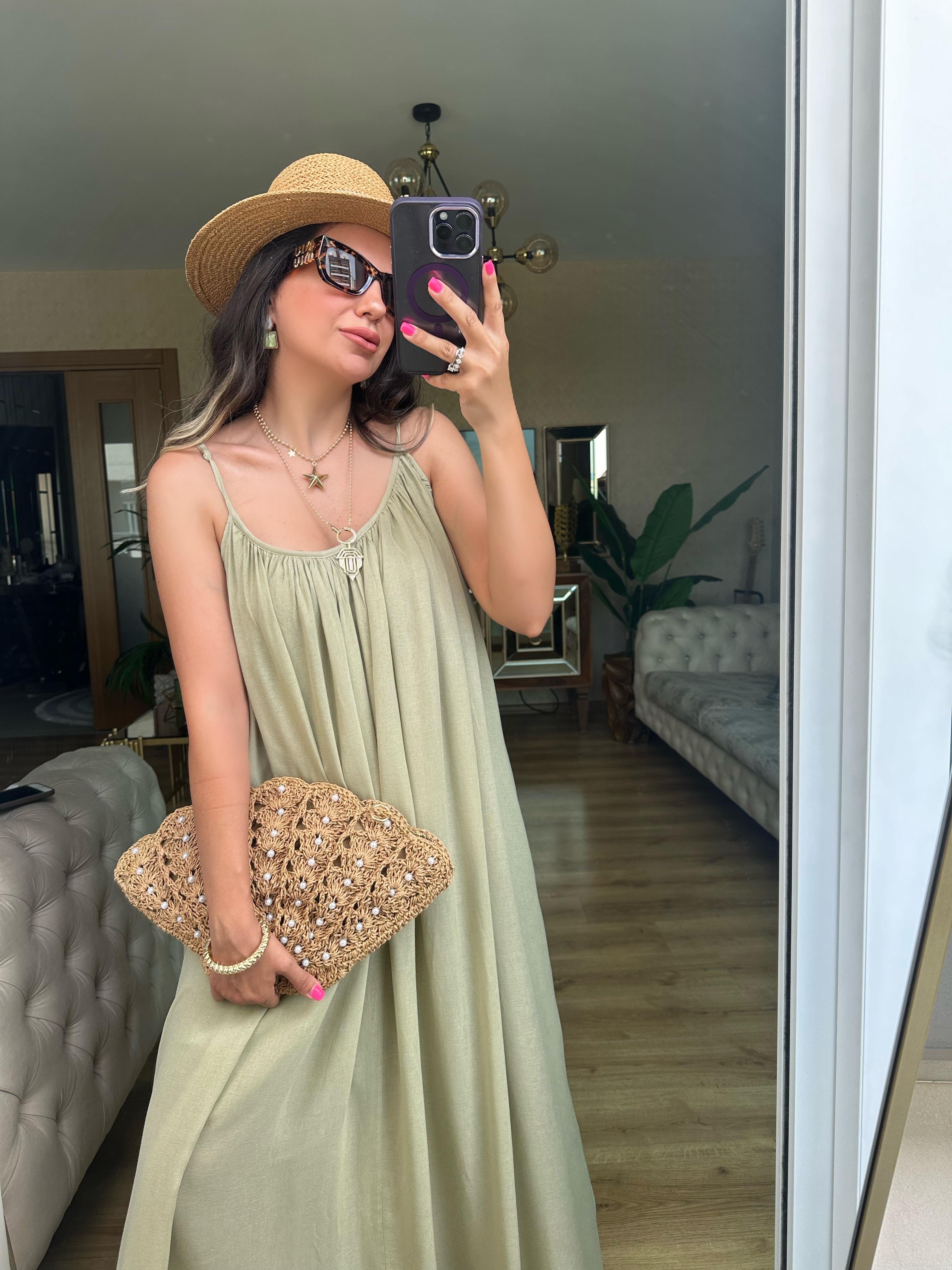 Yeşil İp Askılı Salaş Elbise