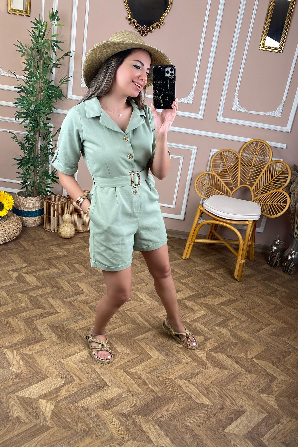 Yeşil Keten Şort Tulum