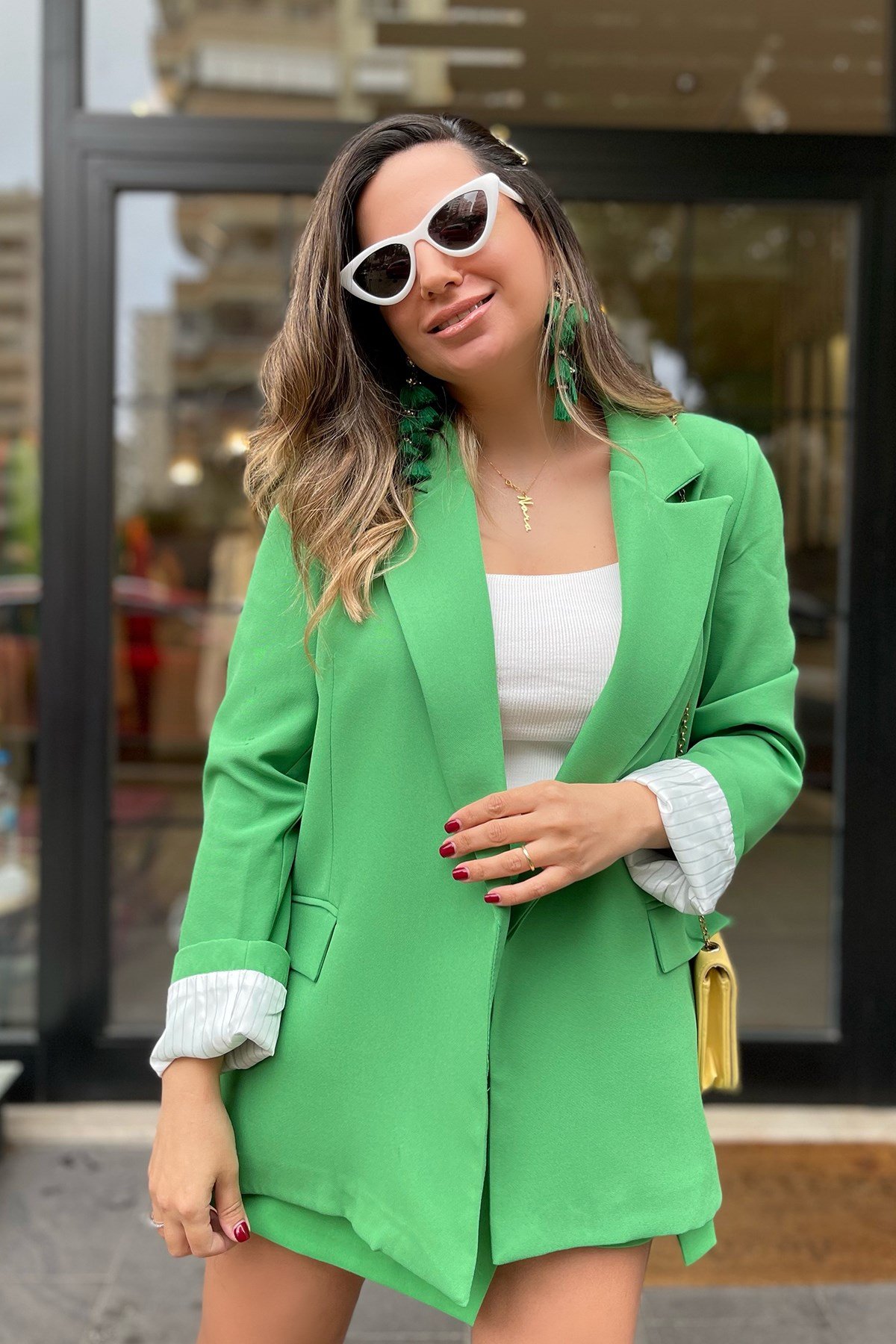 Yeşil Kol Katlamlı Blazer 