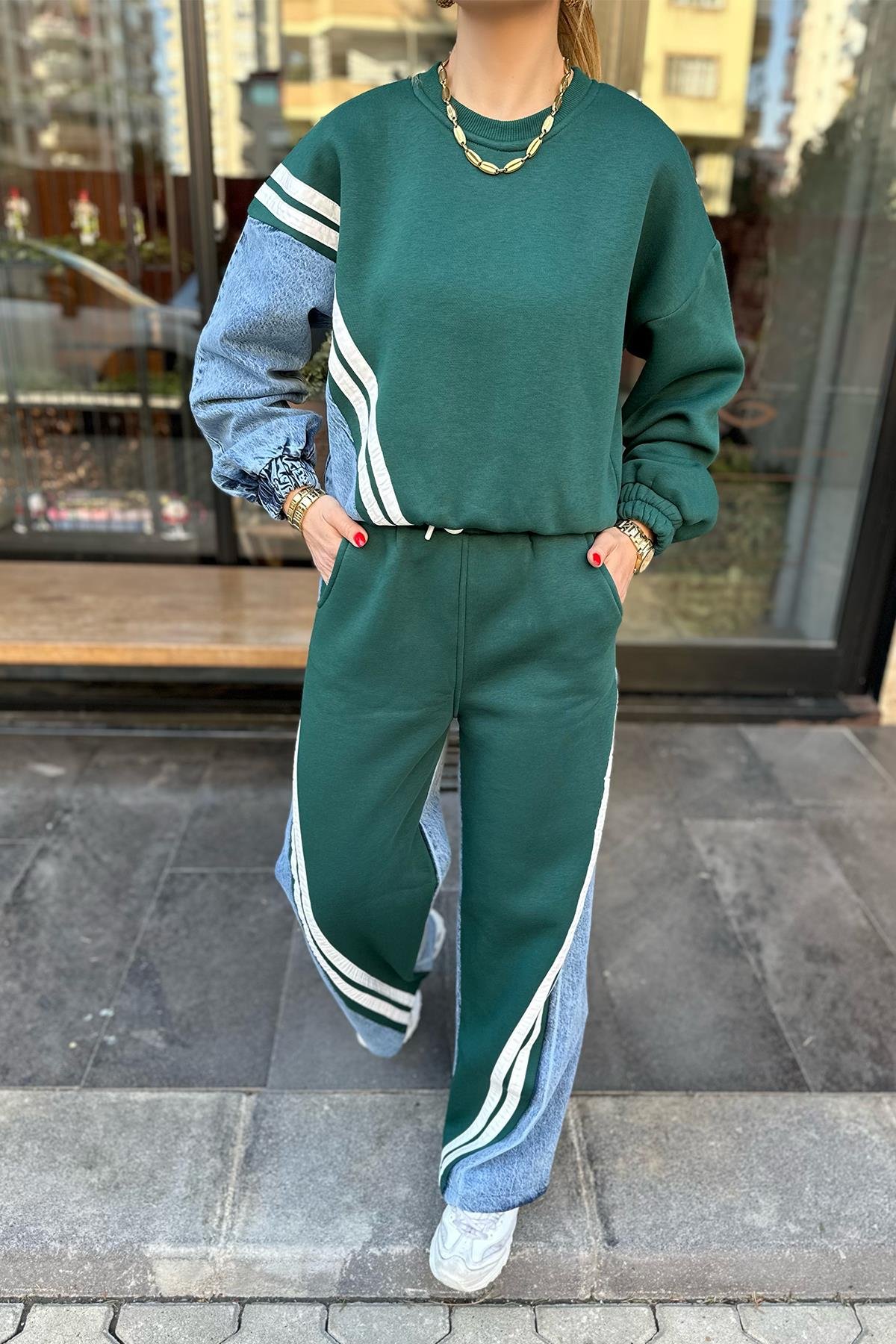 Yeşil Kot Detaylı Tasarım Pantolon Takım