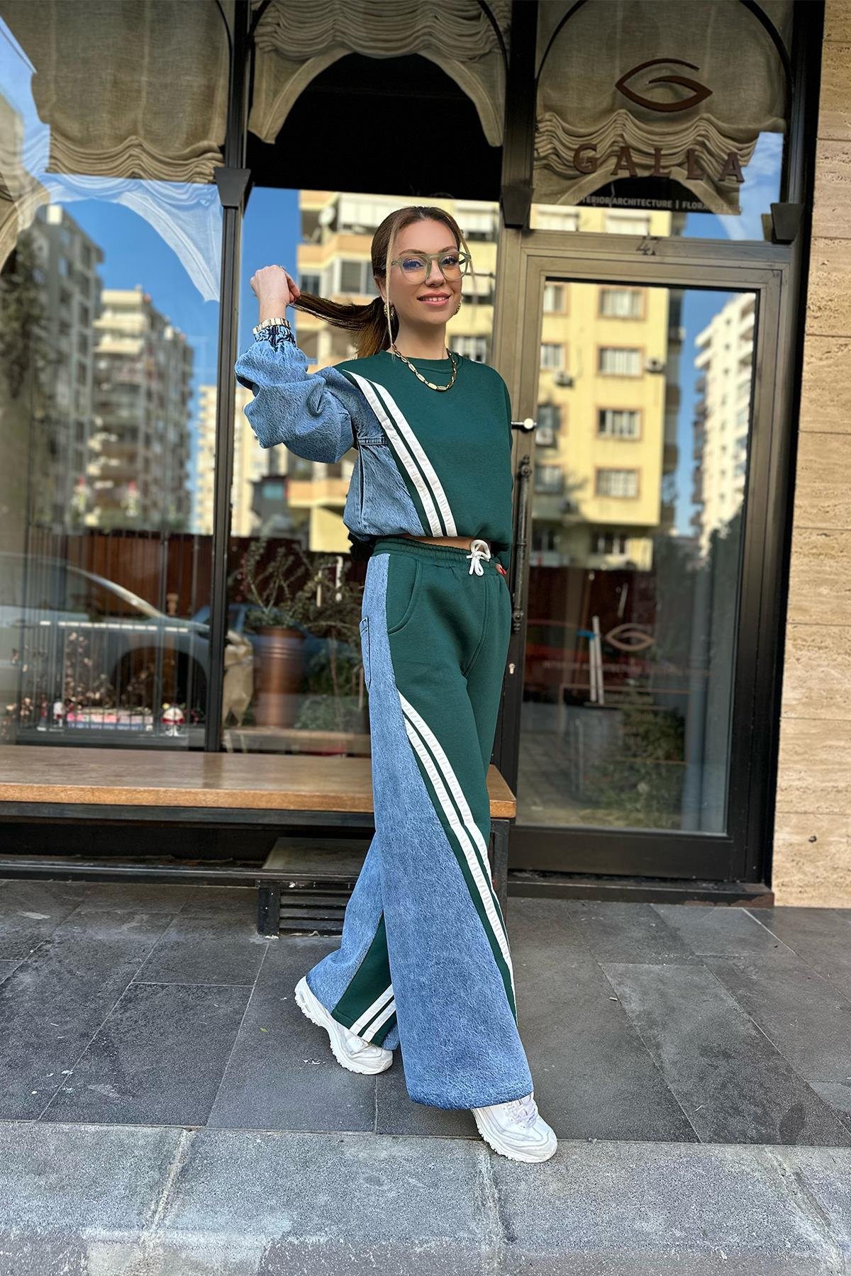 Yeşil Kot Detaylı Tasarım Pantolon Takım