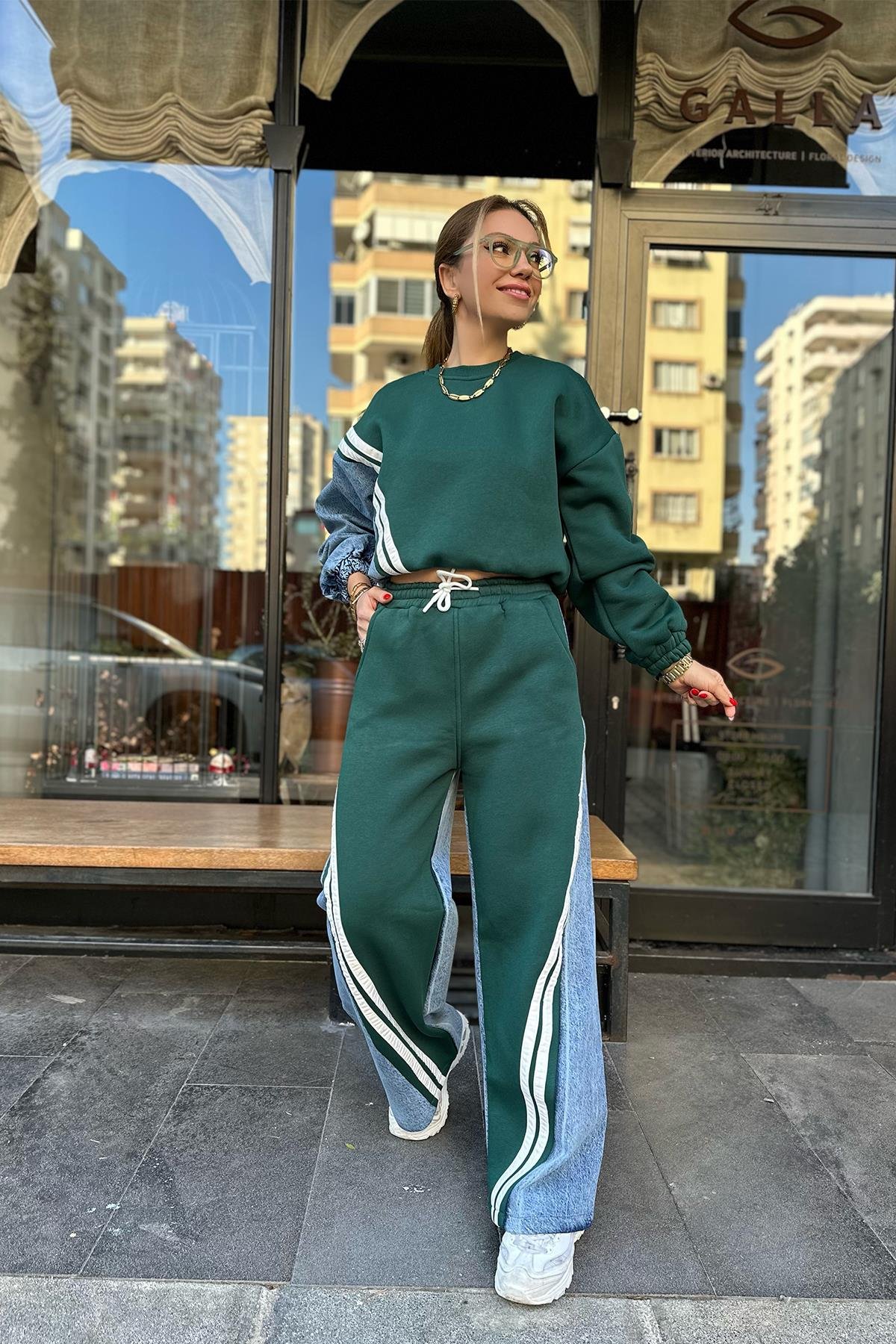 Yeşil Kot Detaylı Tasarım Pantolon Takım