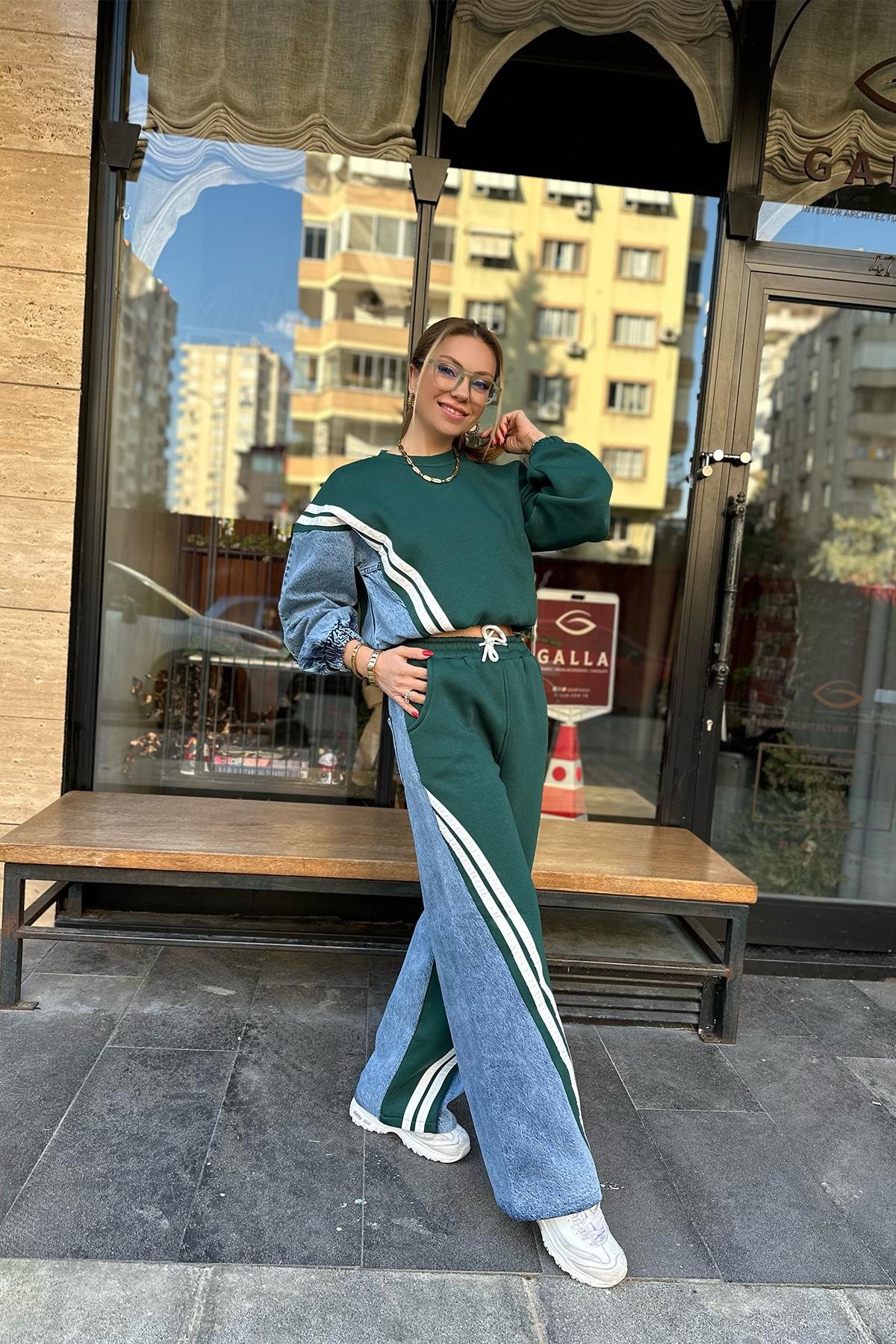 Yeşil Kot Detaylı Tasarım Pantolon Takım