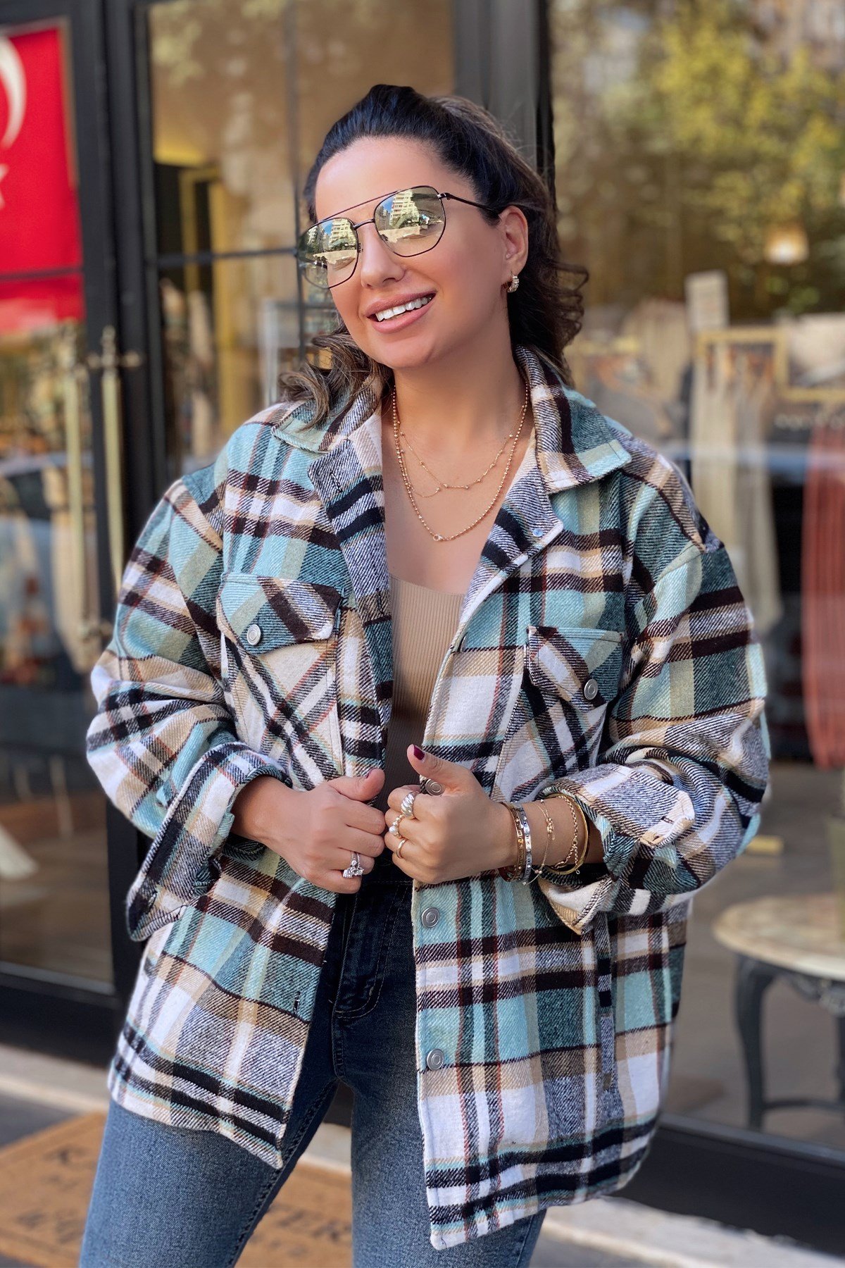 Yeşil Krem Desenli Oduncu Gömlek