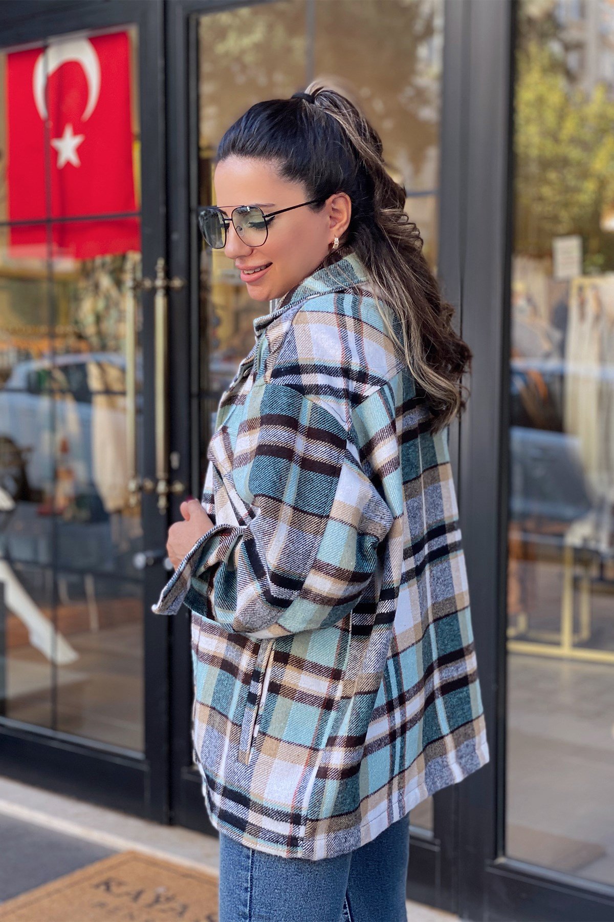 Yeşil Krem Desenli Oduncu Gömlek