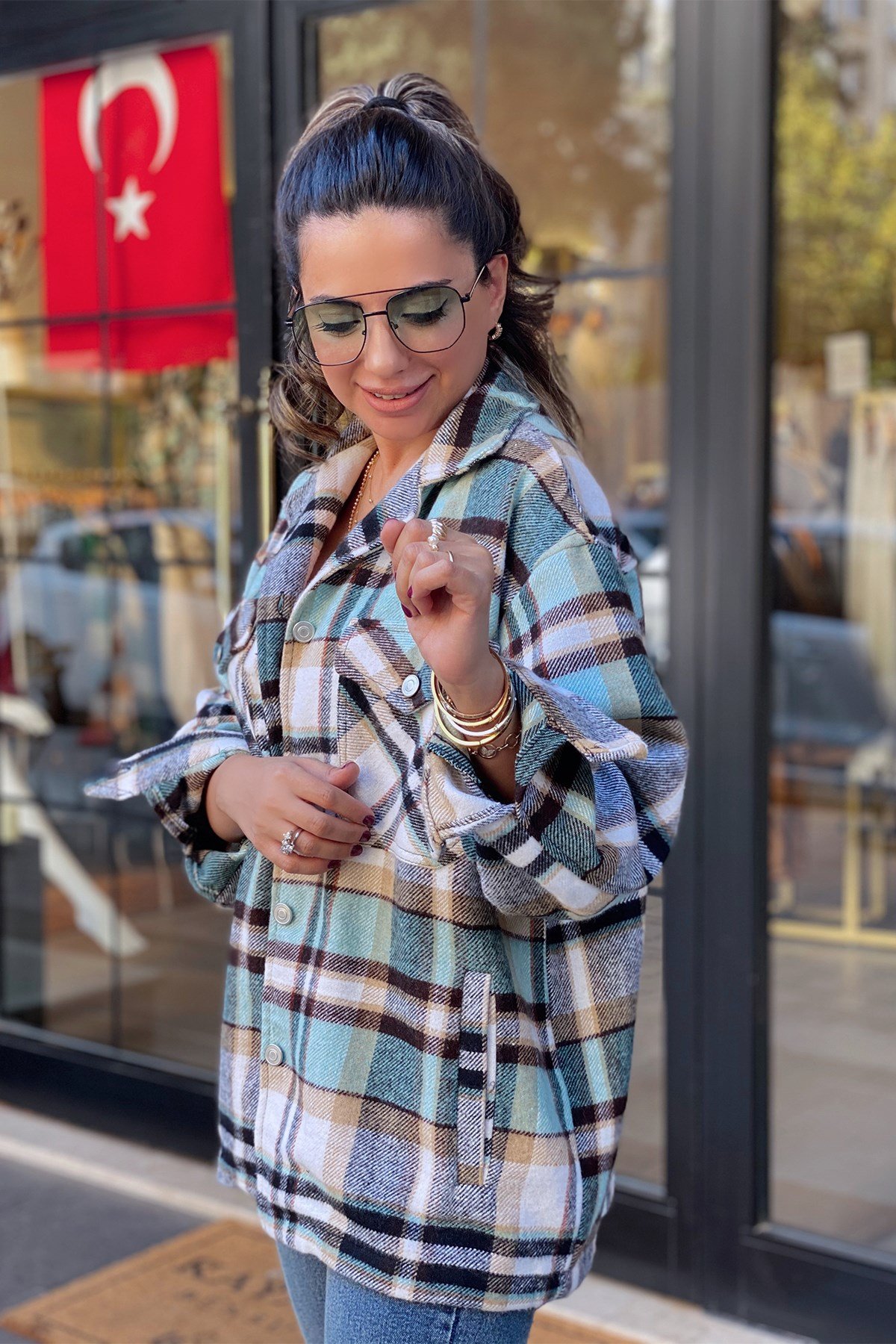 Yeşil Krem Desenli Oduncu Gömlek