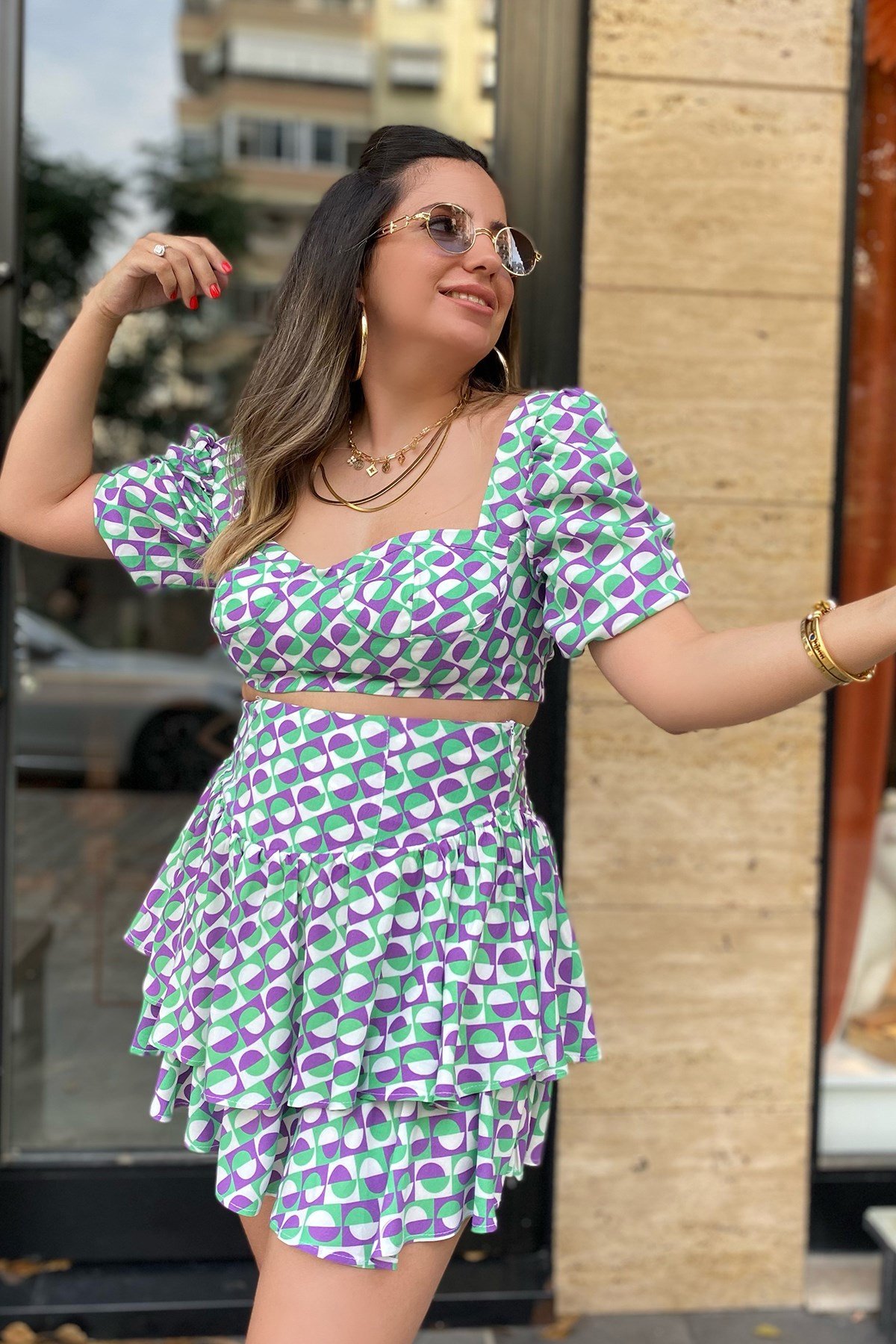 Yeşil Lila Desenli Fırfırlı Şort Etek 