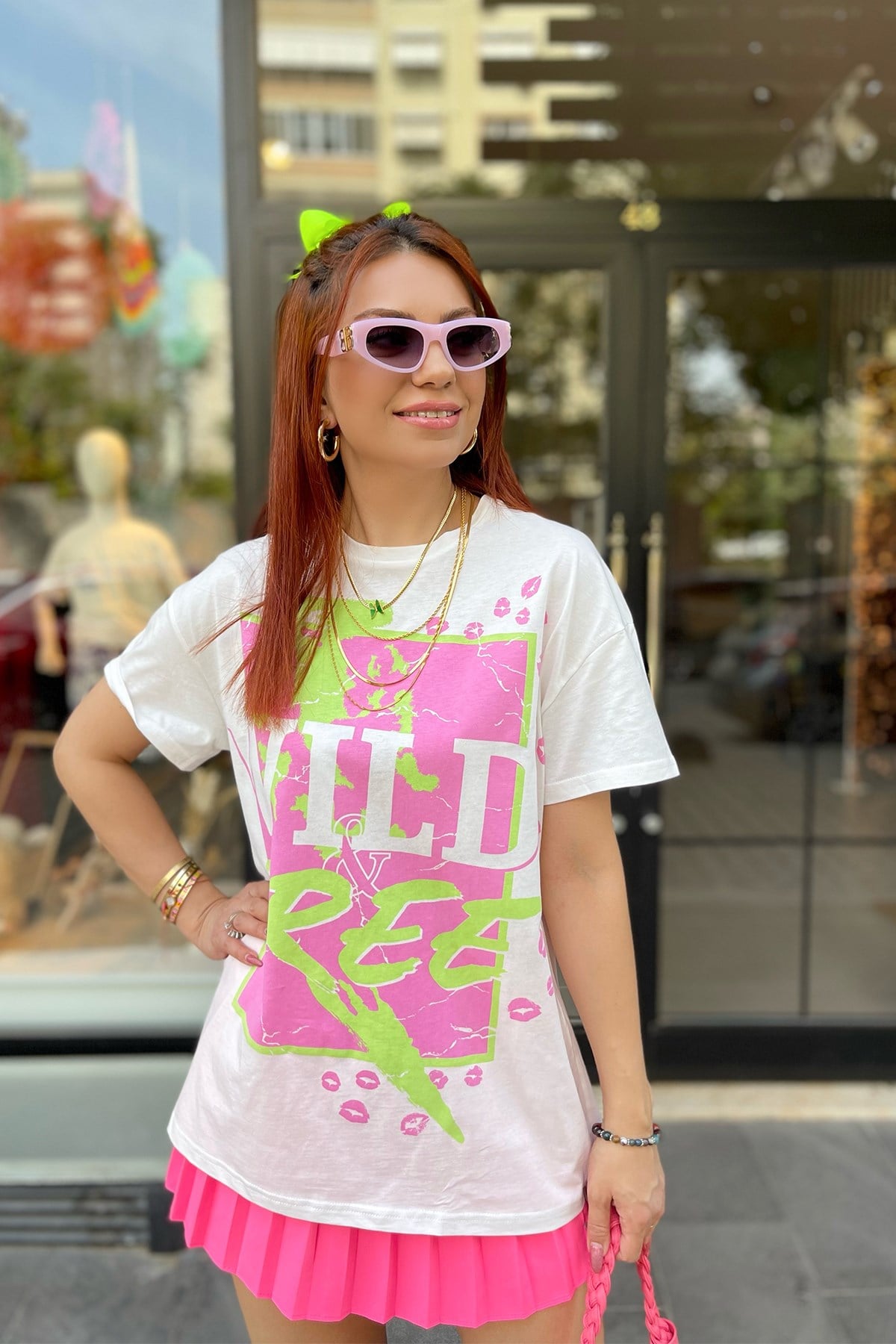 Yeşil Pembe Baskılı Tshirt