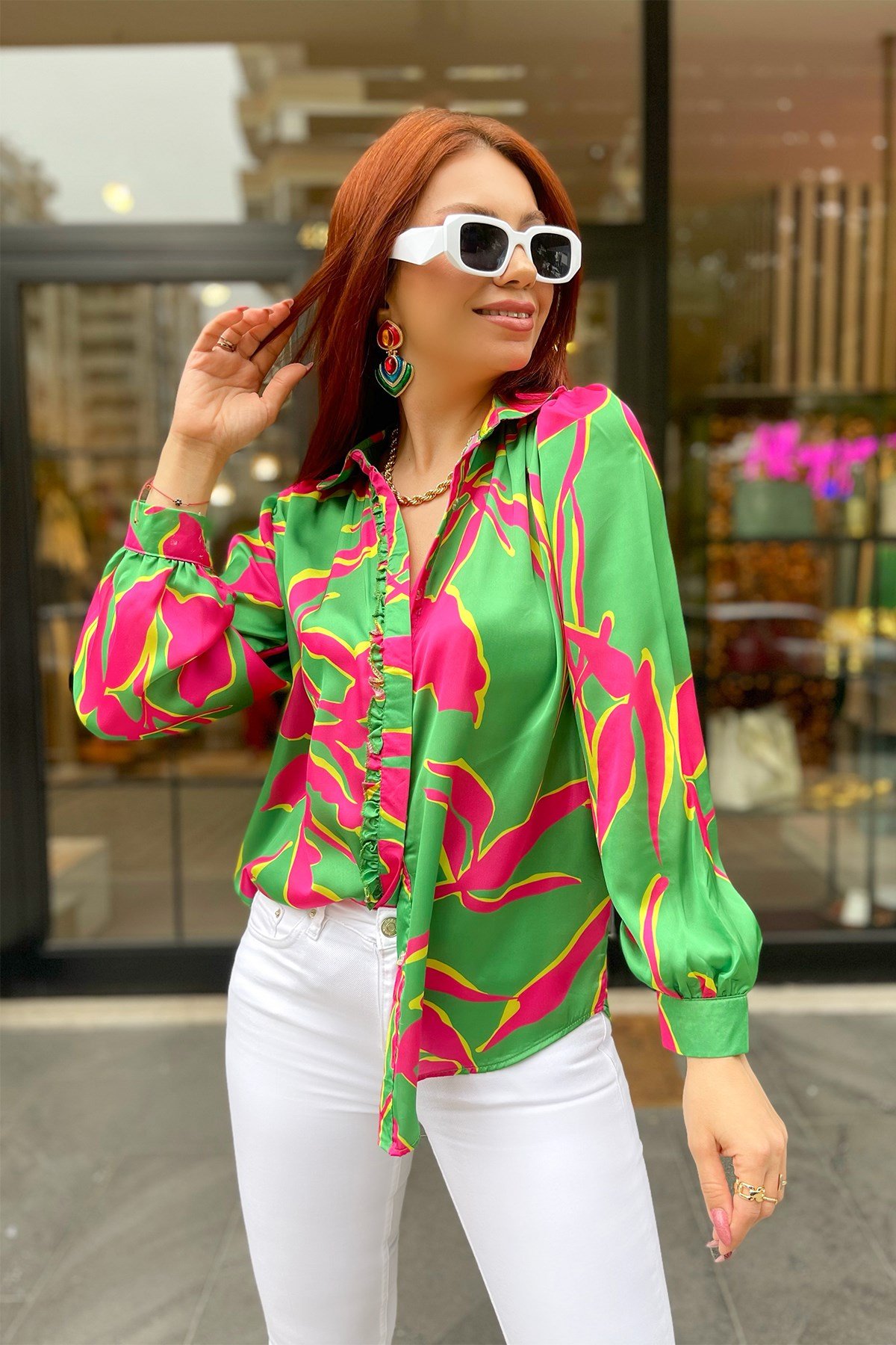 Yeşil Pembe Desenli Saten Gömlek