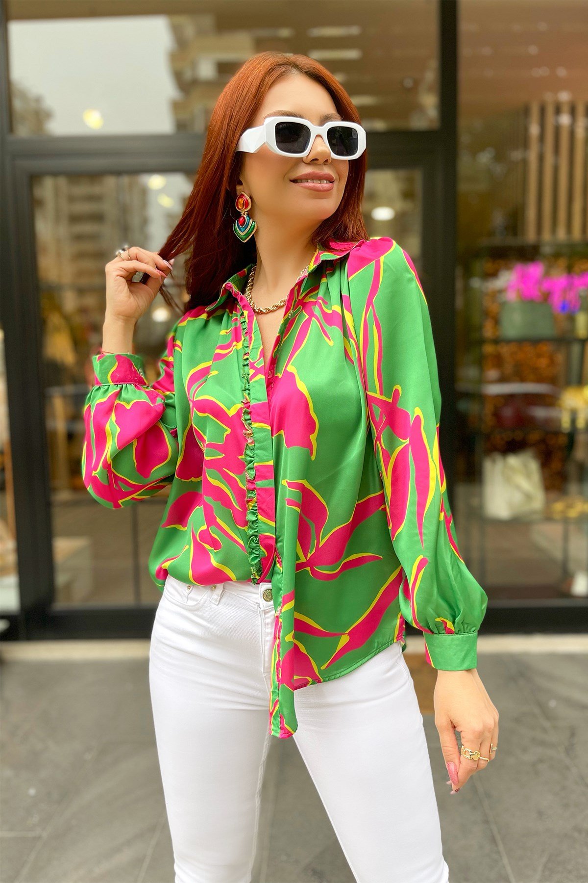 Yeşil Pembe Desenli Saten Gömlek