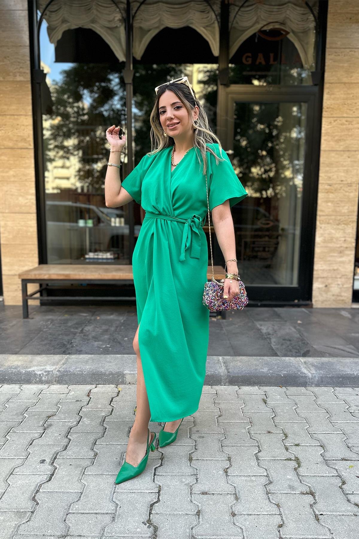 Yeşil Renk Kruvaze Elbise