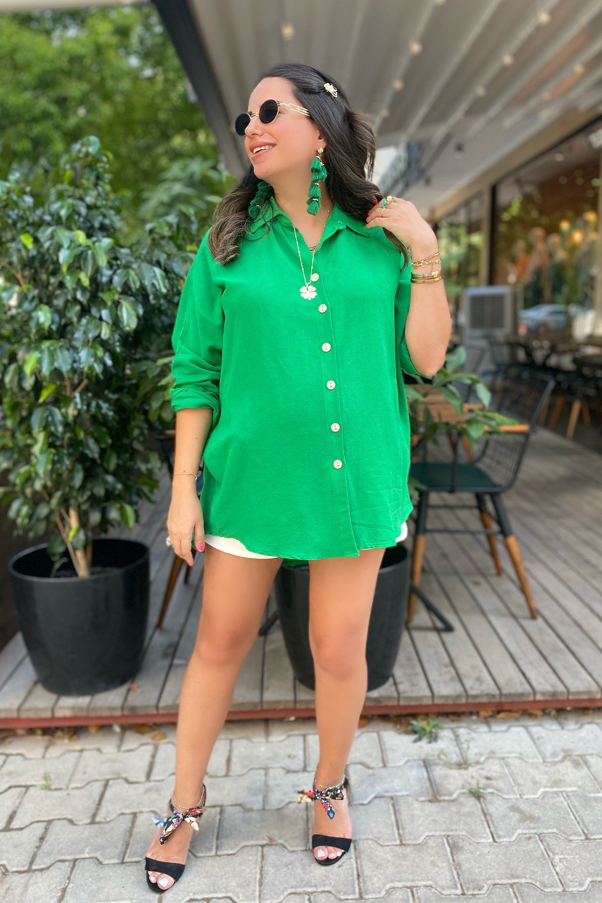 Yeşil Renk Oversize Keten Gömlek