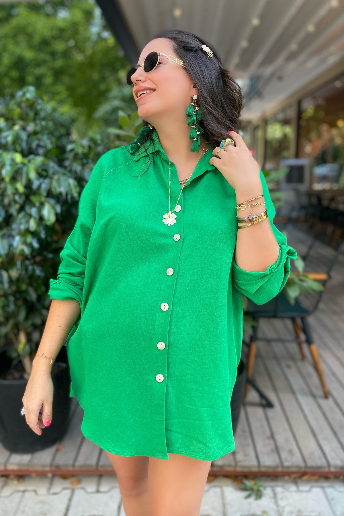Yeşil Renk Oversize Keten Gömlek