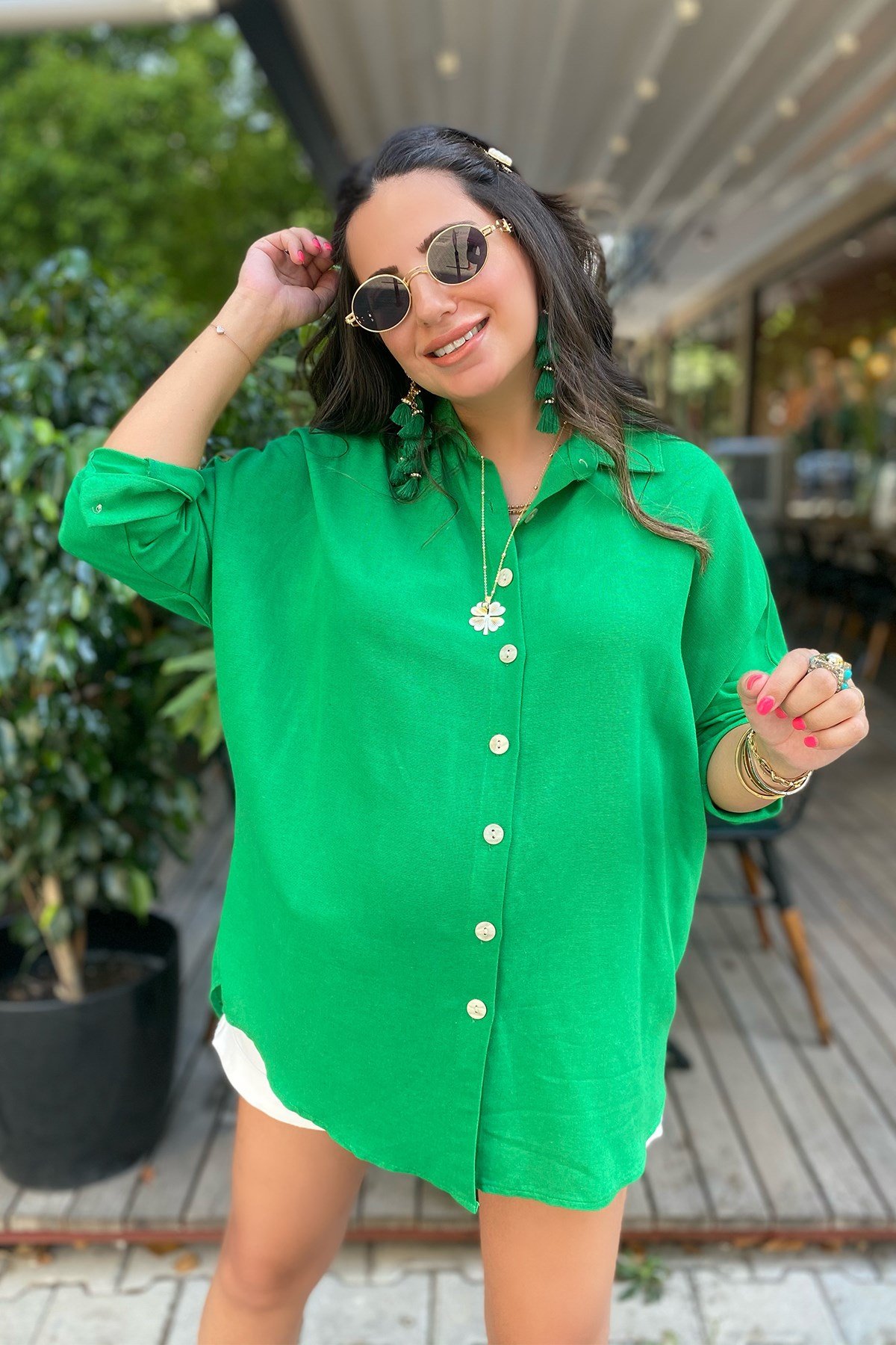 Yeşil Renk Oversize Keten Gömlek