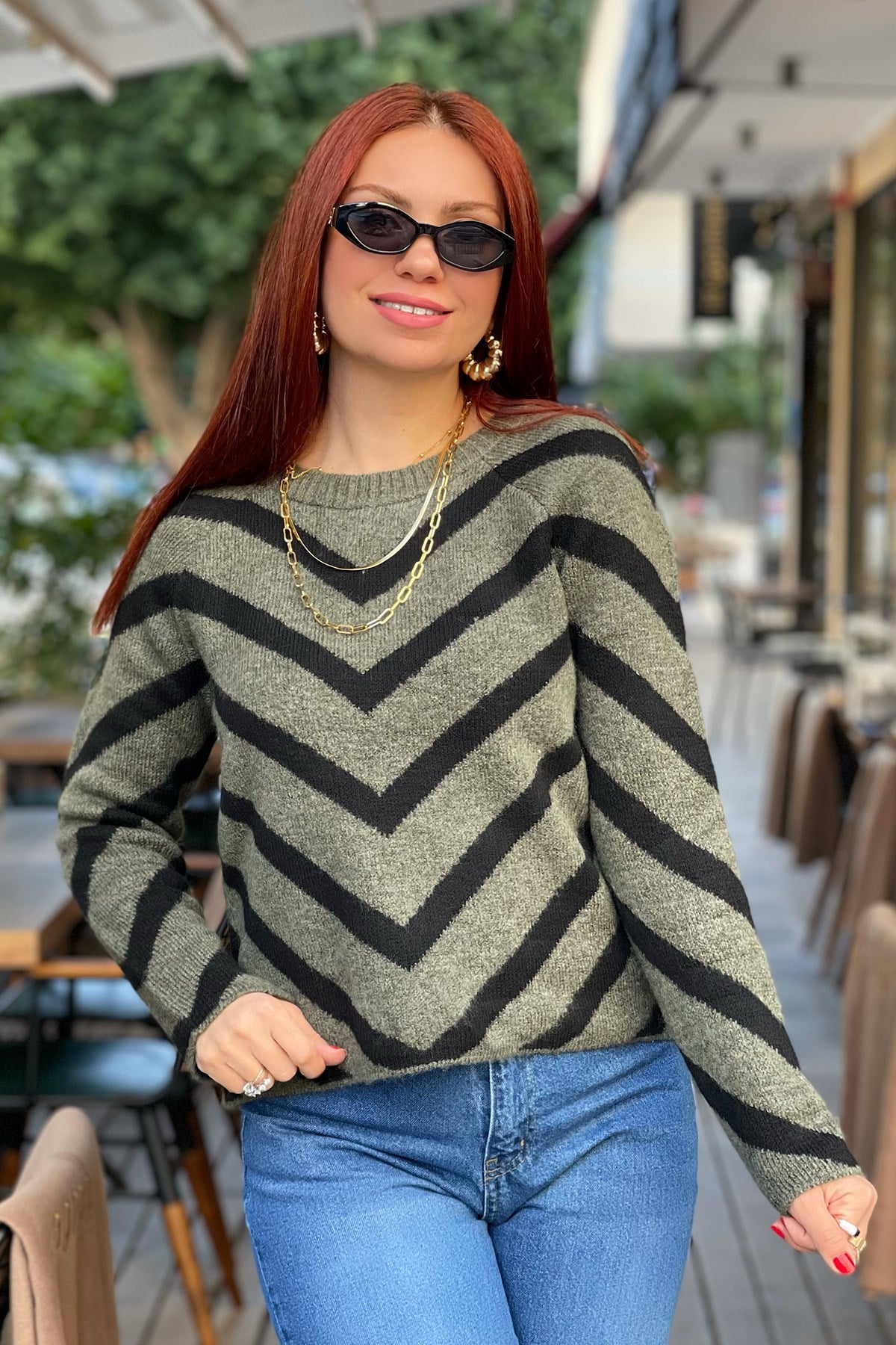 Yeşil Siyah Şeritli Kazak
