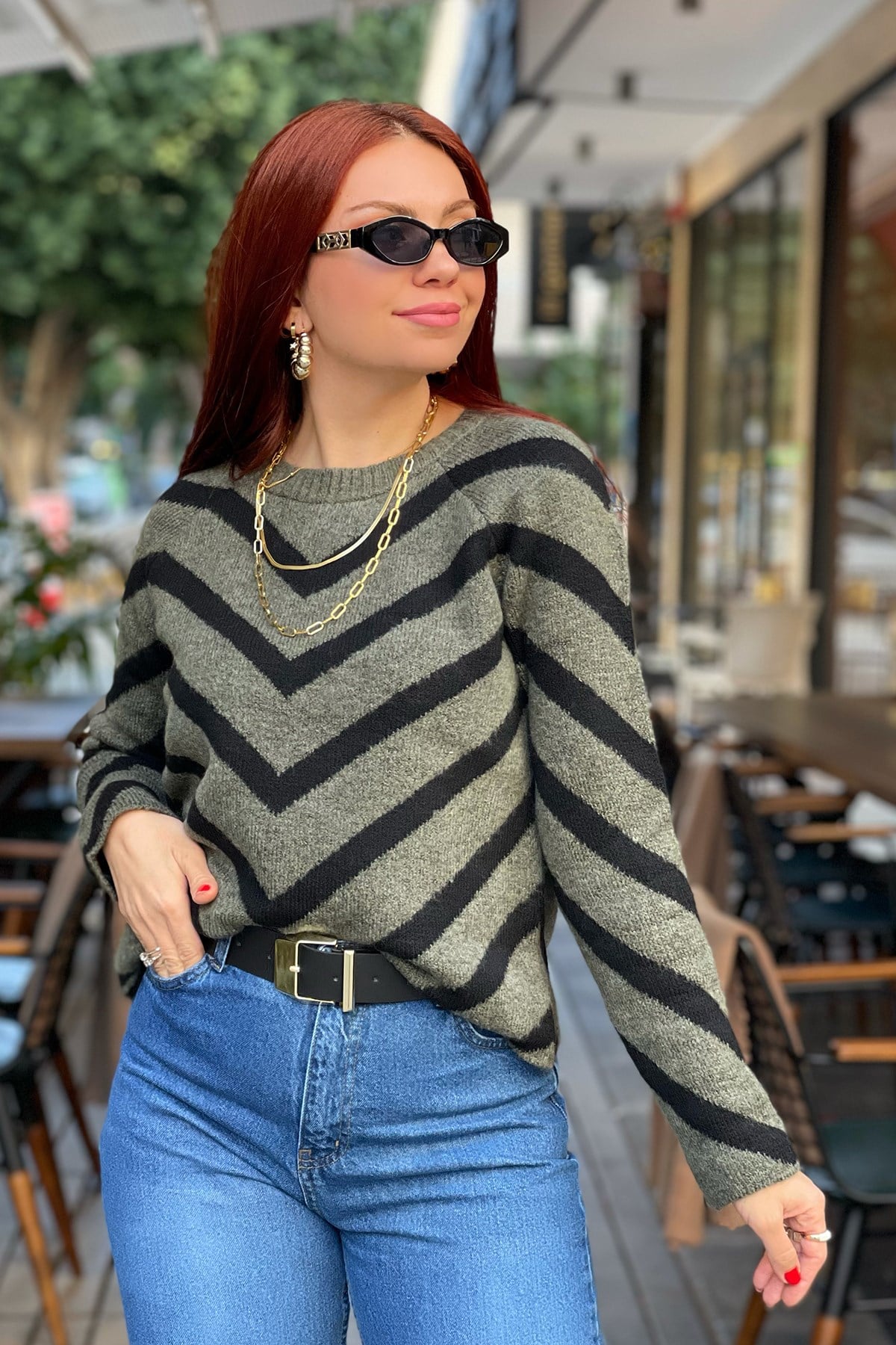 Yeşil Siyah Şeritli Kazak