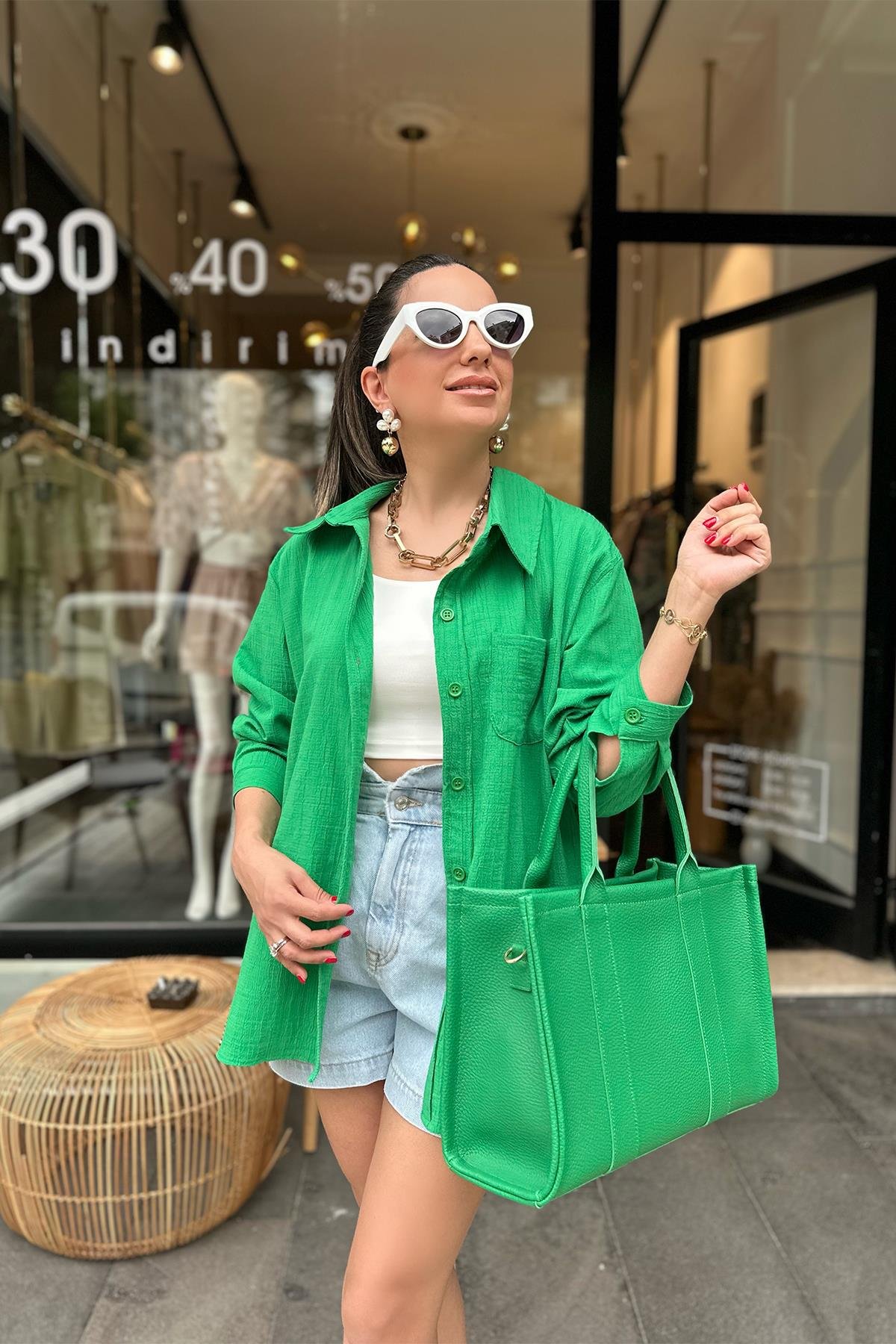 Yeşil Tek Cepli Oversize Gömlek