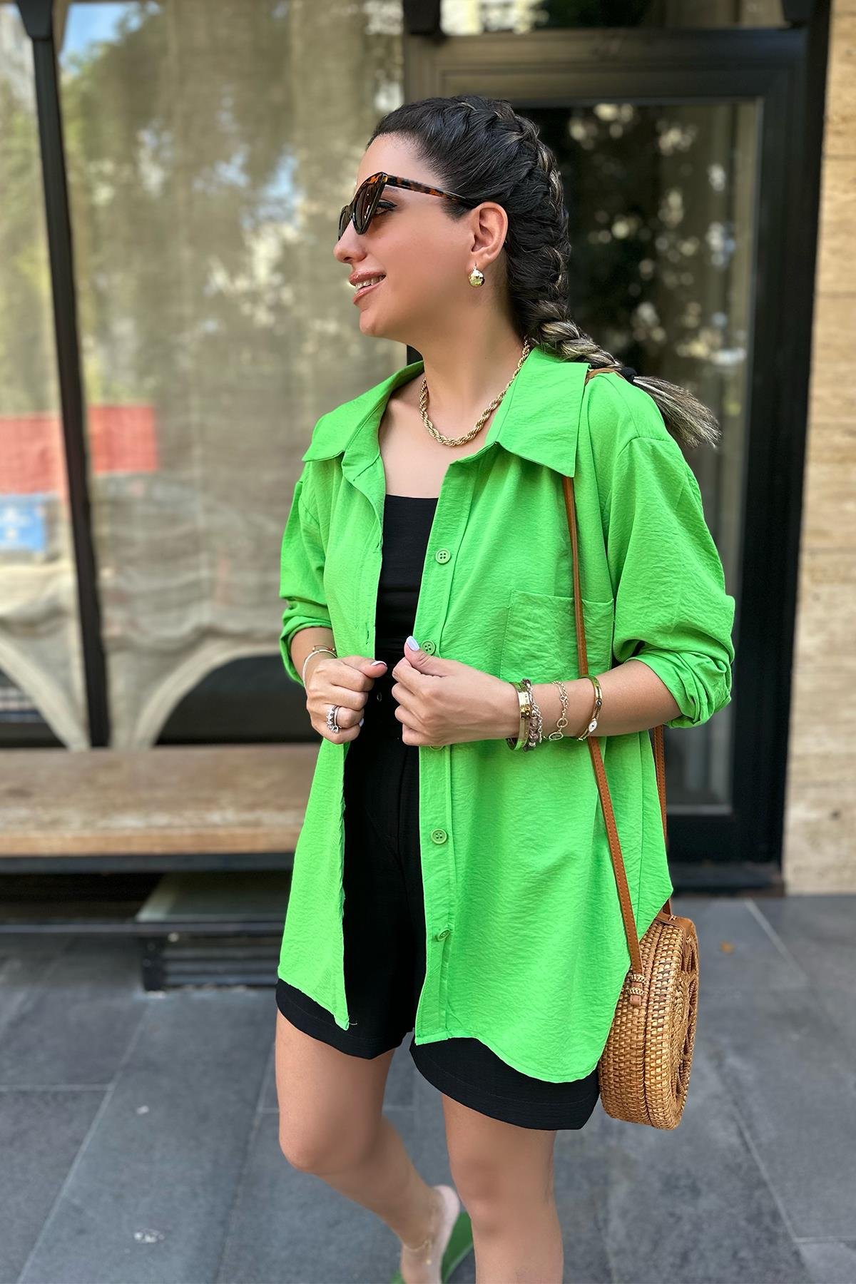 Yeşil Tek Cepli Oversize Gömlek