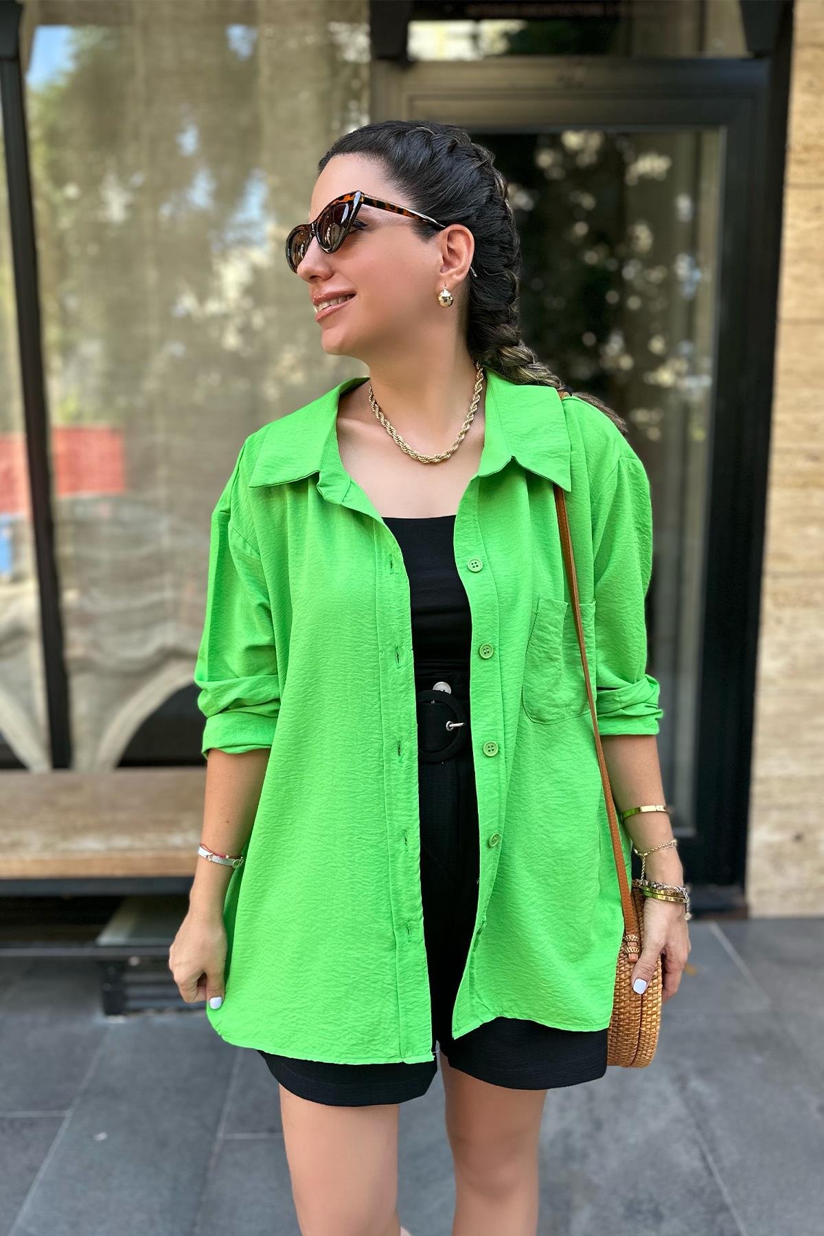 Yeşil Tek Cepli Oversize Gömlek