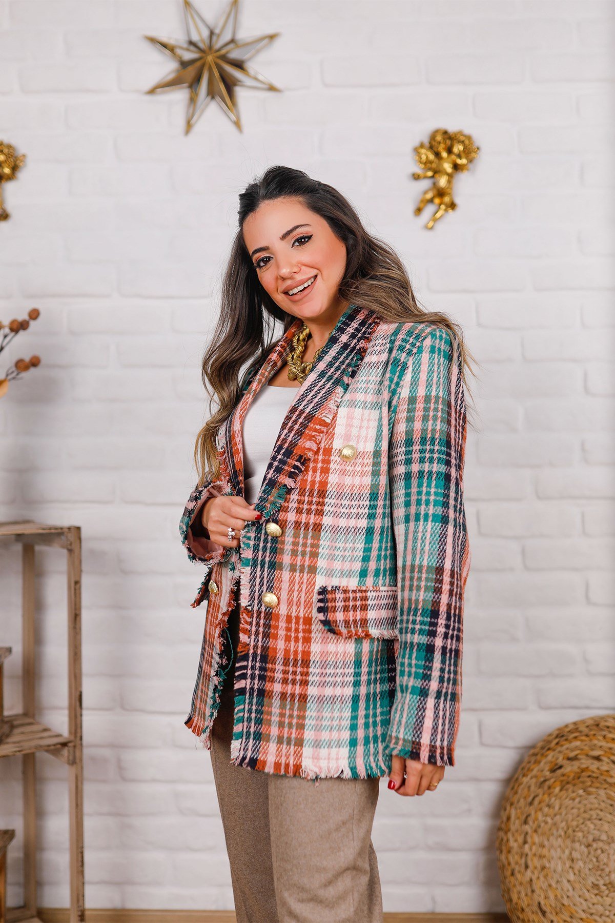 Yeşil Turunculu Düğmeli Blazer Ceket
