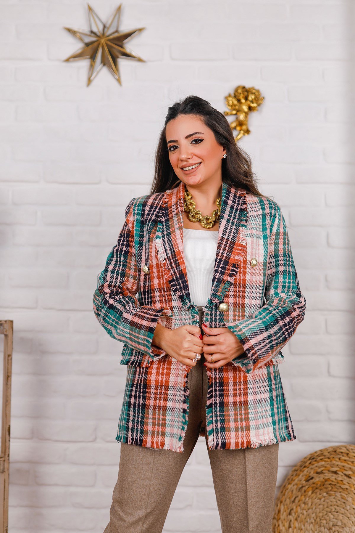 Yeşil Turunculu Düğmeli Blazer Ceket