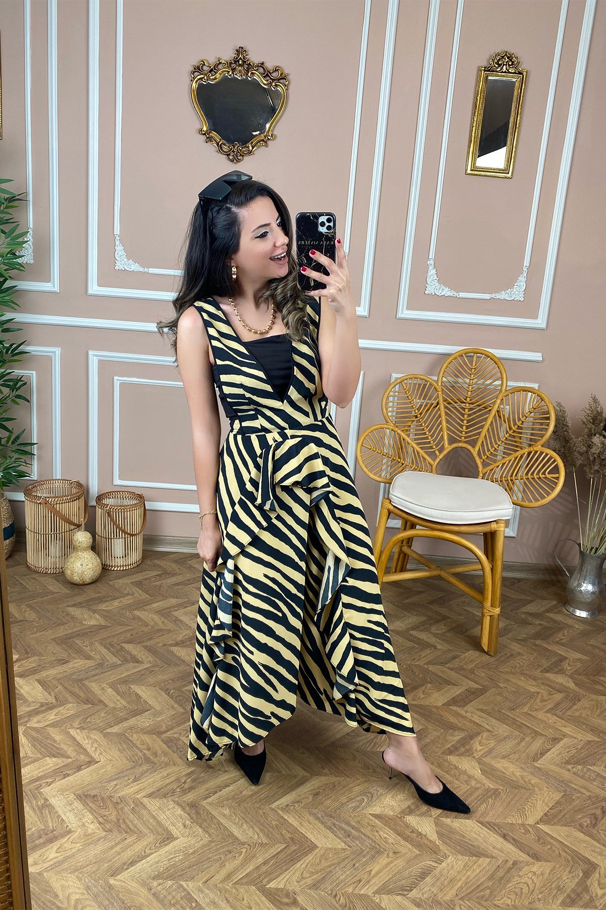 Zebra Desen Kalın Askılı Volanlı Elbise