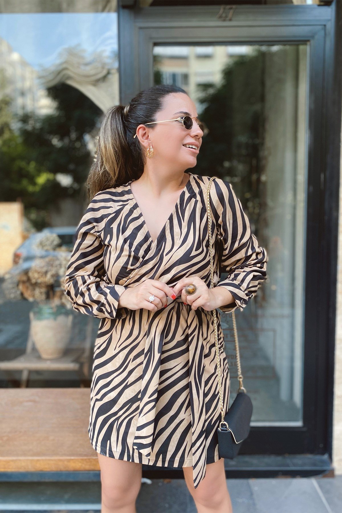Zebra Desenli Kuşaklı Elbise