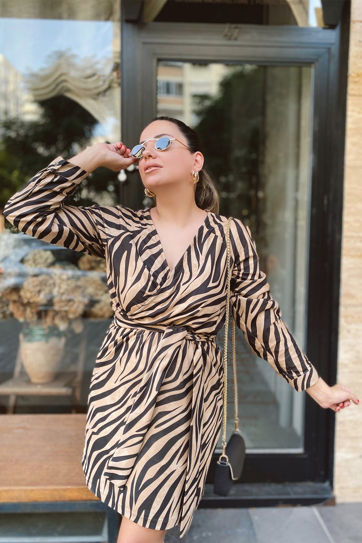 Zebra Desenli Kuşaklı Elbise