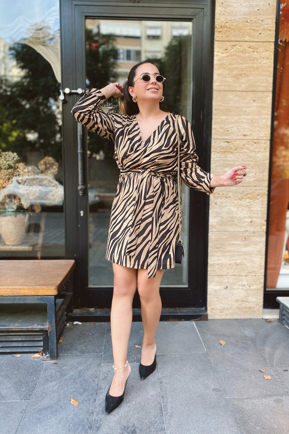 Zebra Desenli Kuşaklı Elbise