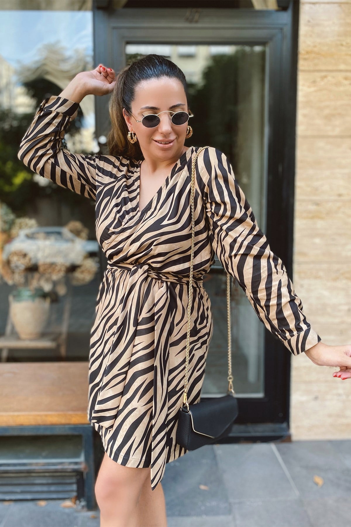 Zebra Desenli Kuşaklı Elbise