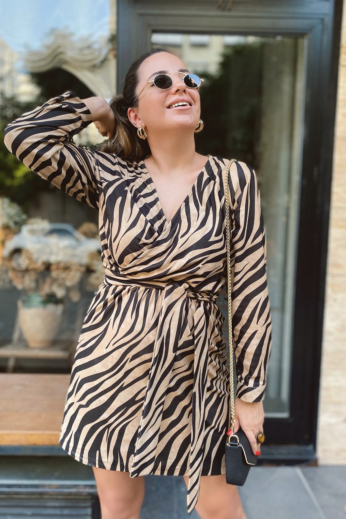 Zebra Desenli Kuşaklı Elbise
