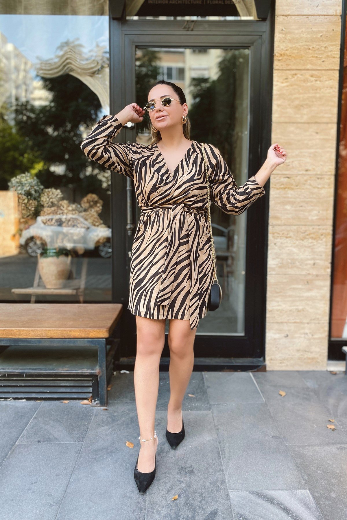 Zebra Desenli Kuşaklı Elbise