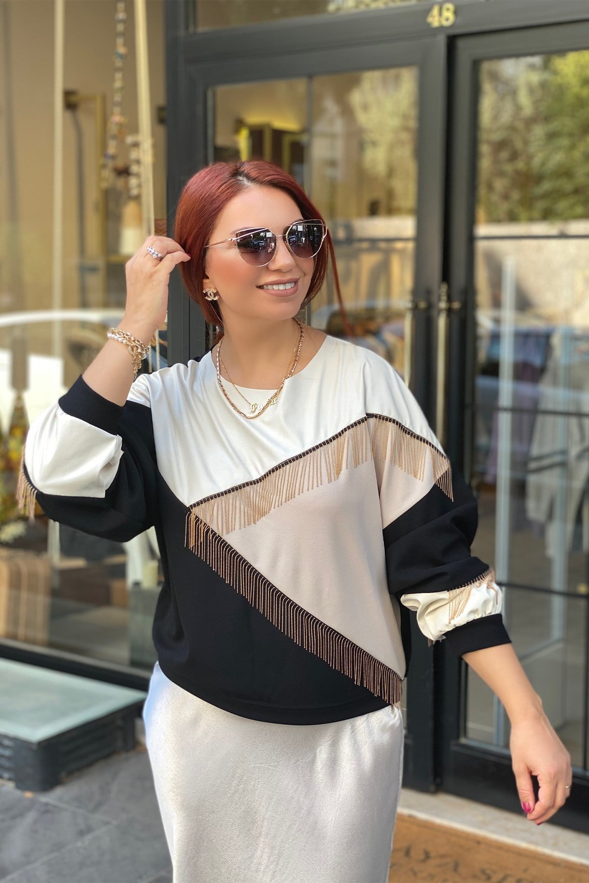 Zincir Detaylı Deri Parçalı Sweatshirt