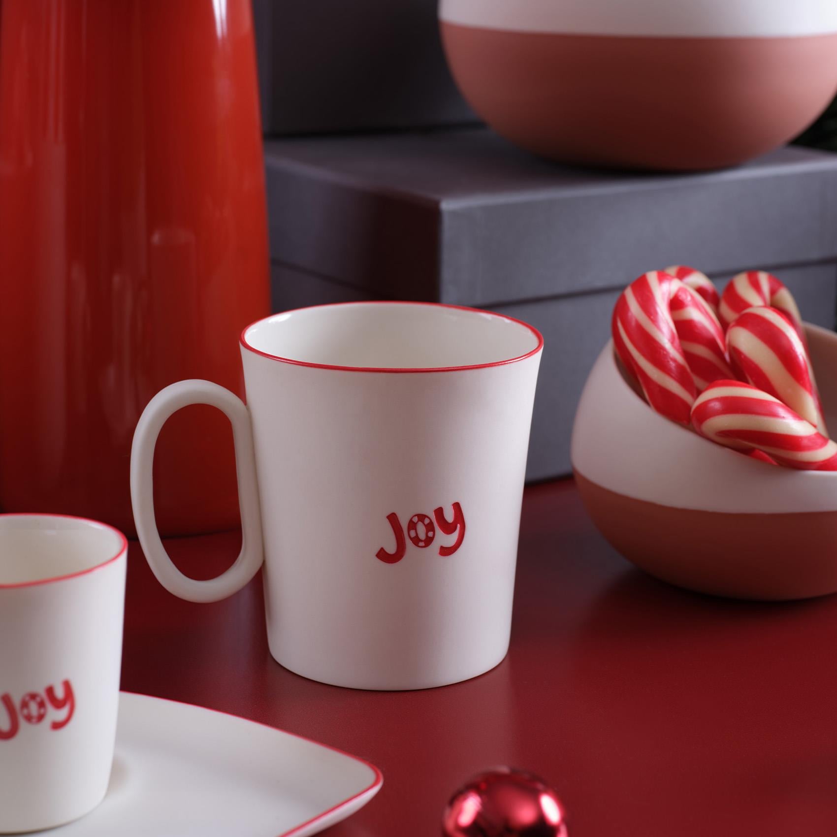 Maya Joy & Custom Initial Letter Mug Set of 2 Ivory Red Rim 