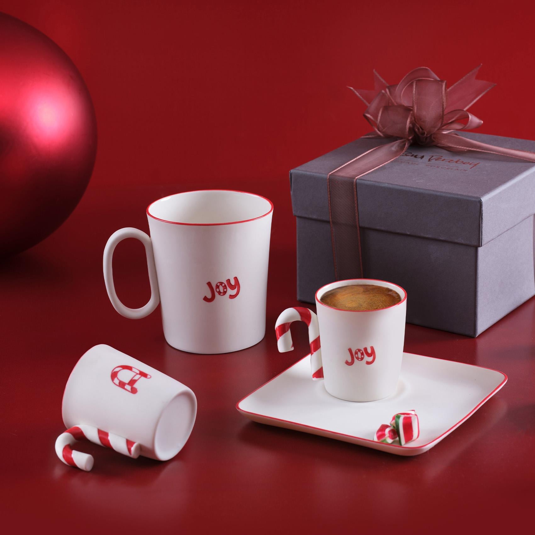 Maya Joy & Custom Initial Letter Mug Set of 2 Ivory Red Rim 