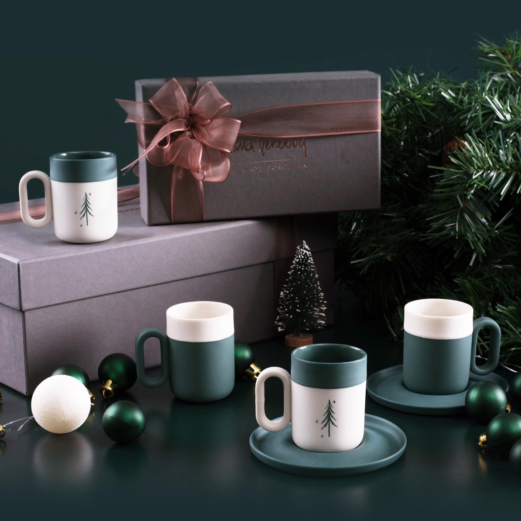 Capsule Pine Tree Pattern Espresso Cup With Saucers Set of 2 Amazon - Amazon & Ivory