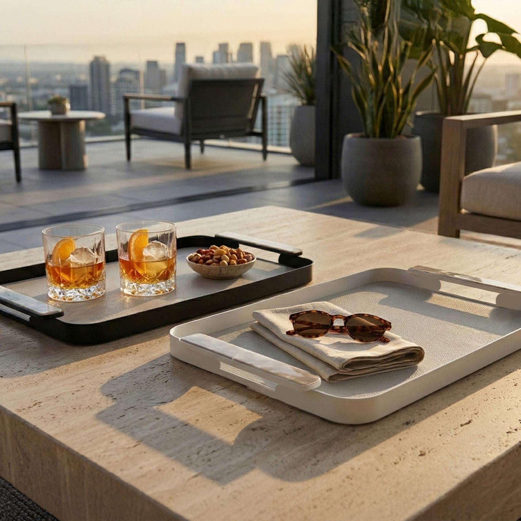 Rectangle Small Metal Tray with Leather Mat Grey 