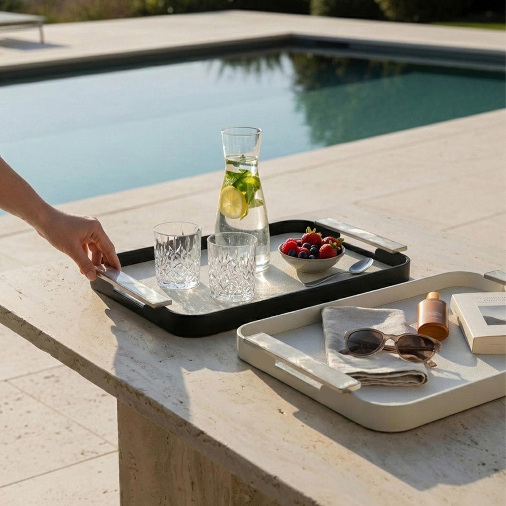 Rectangle Small Metal Tray with Leather Mat Grey 