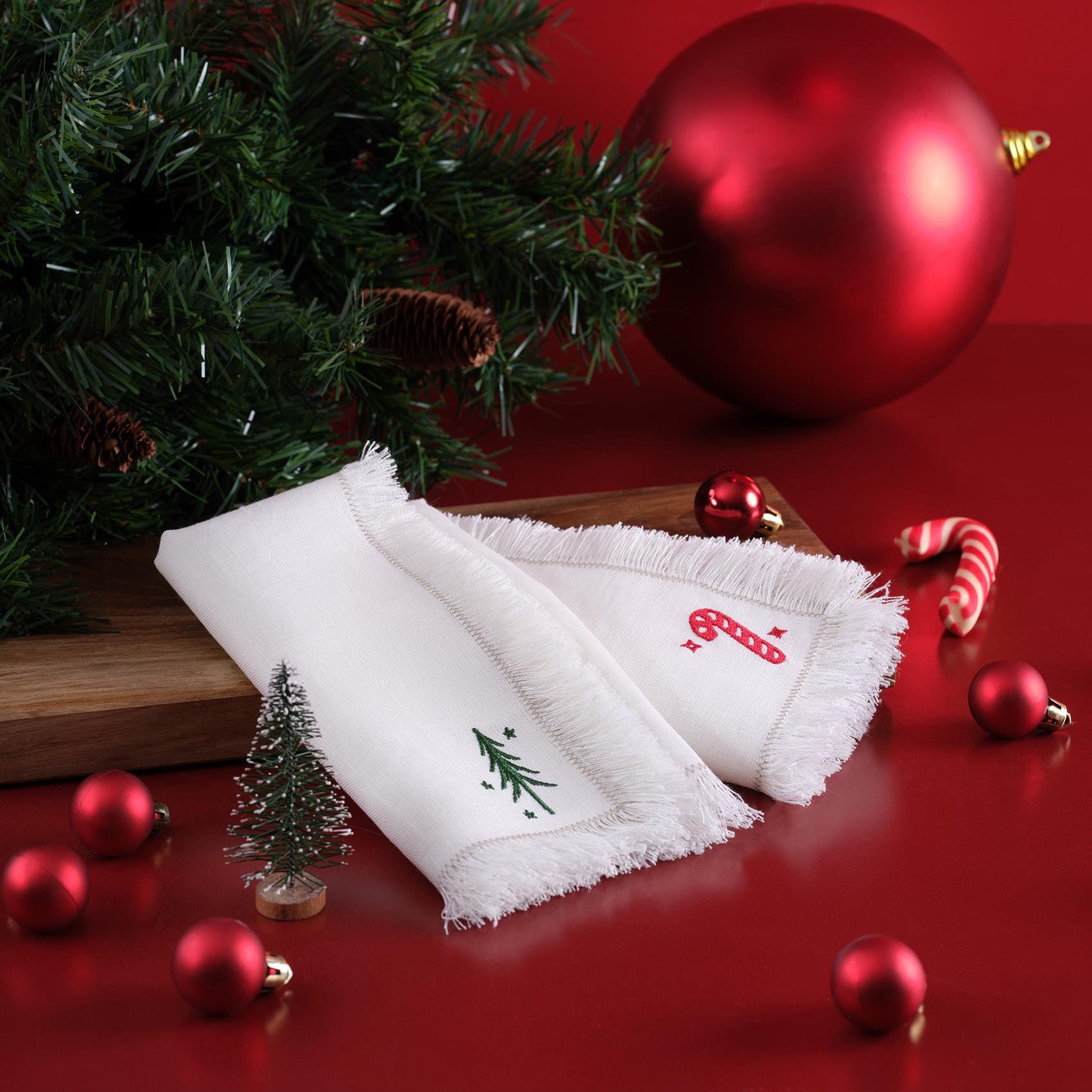 Linen Tree and candy cane patterned hand-stitched Napkin Set of 2 White 