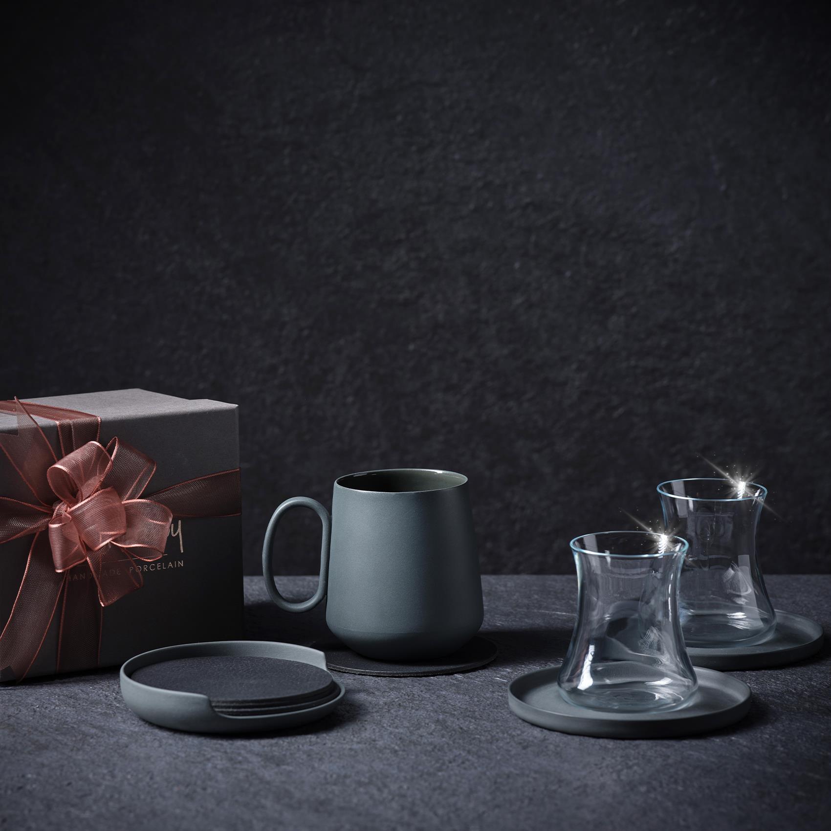 Glass Tea Cup With Porcelain Saucer Set Of 2 Black 
