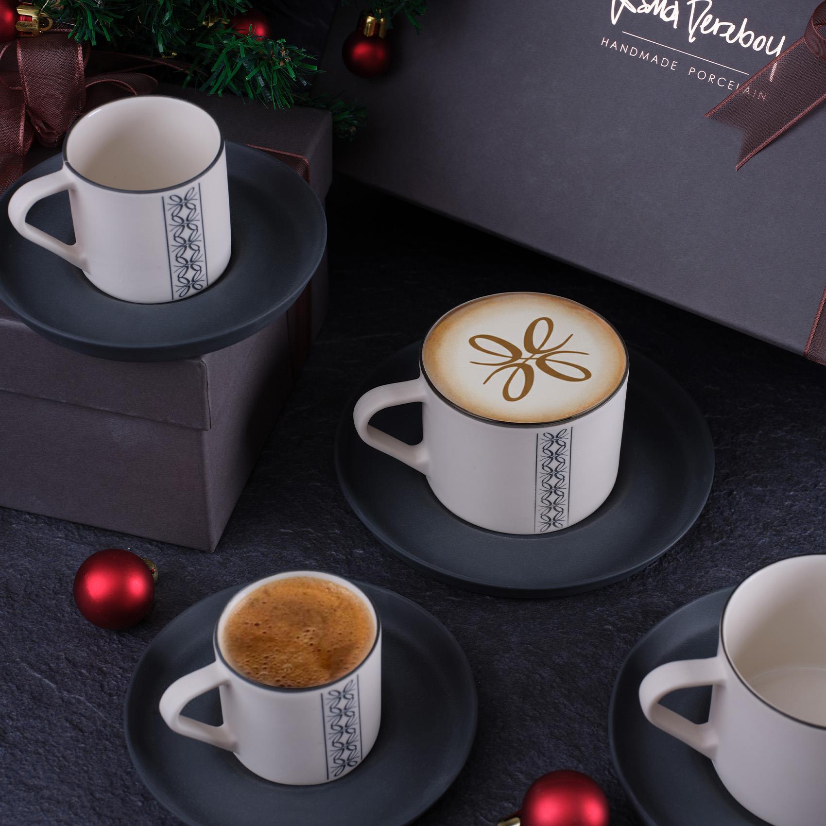 Nest 2'li Tabaklı ED Logo Desenli Kahve/Çay Fincan Takımı 180ml Siyah-Fildişi