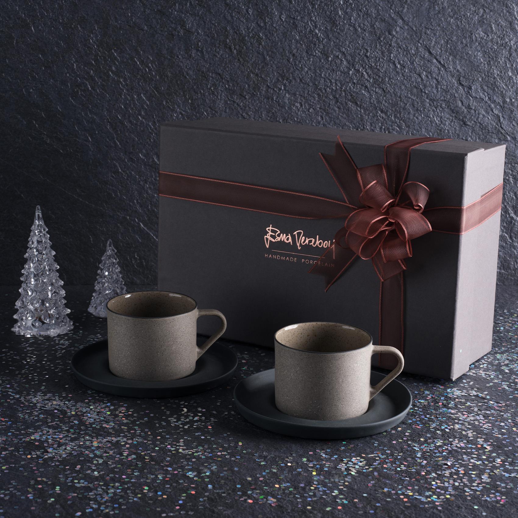 Nest Glitter 2'li Tabaklı Kahve/Çay Fincanı 180ml Siyah-Pırıltılı Taş