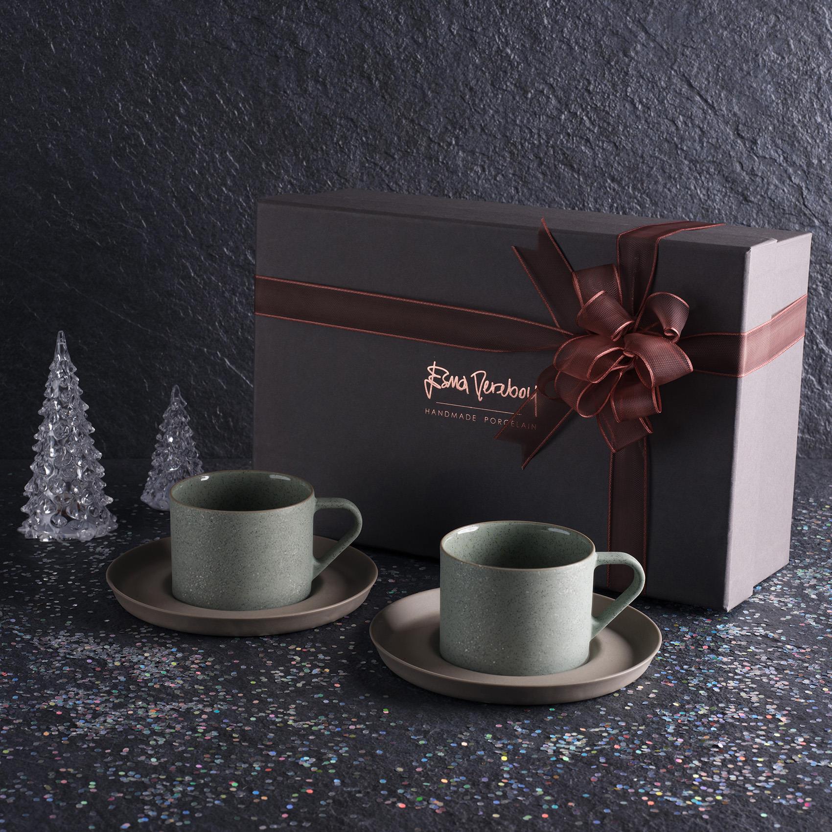 Nest Glitter 2'li Tabaklı Kahve/Çay Fincanı 180ml Taş-Pırıltılı Nil