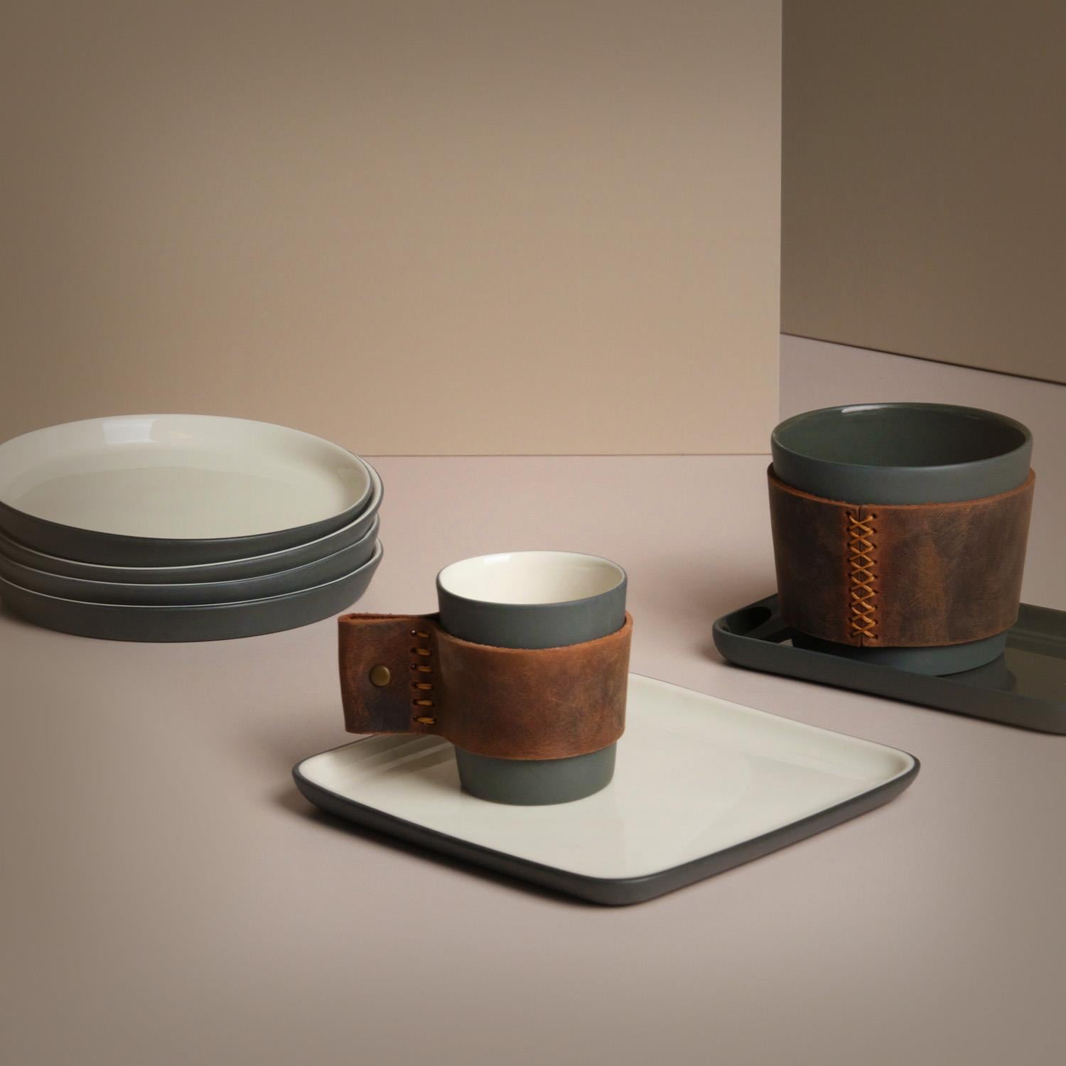 Touch Of Leather Cup Set Of 2 Black & Ivory