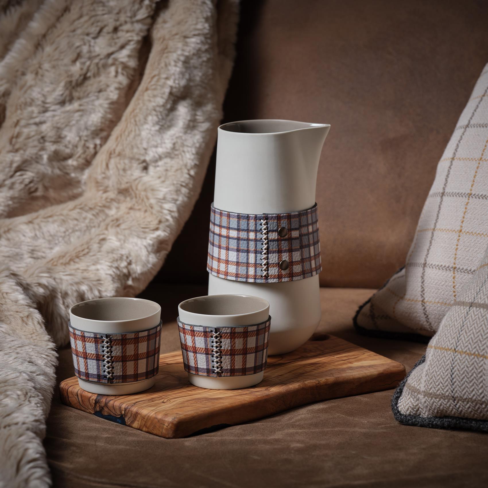 Touch Of Leather Jug With Plaid Leather Ivory & Rock 